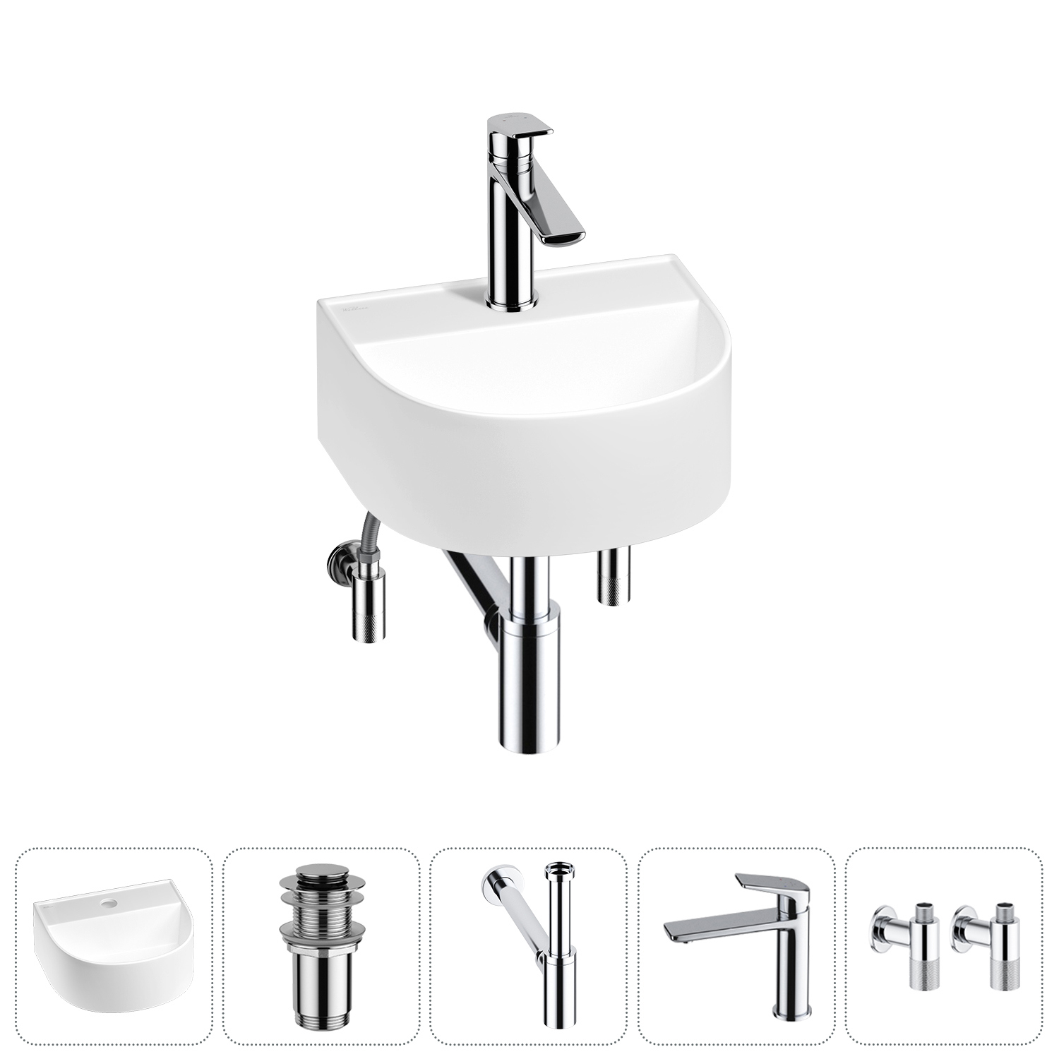 Изображение товара Раковина мини Wellsee WC Area 32см с донный клапаном сифоном смесителем и вентилем 20212121R