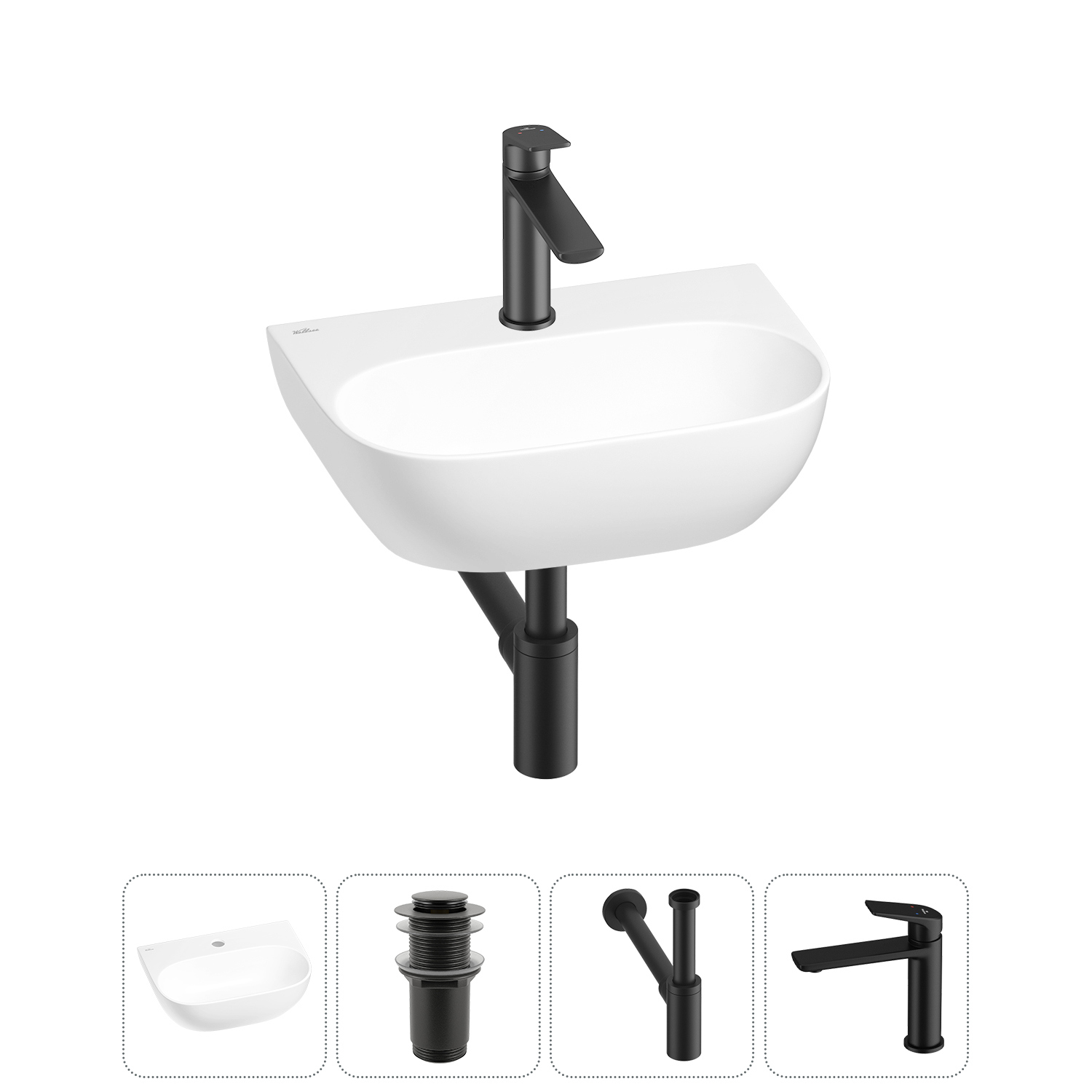 Изображение товара Раковина мини Wellsee WC Area 42см с донный клапаном сифоном и смесителем 20212194R