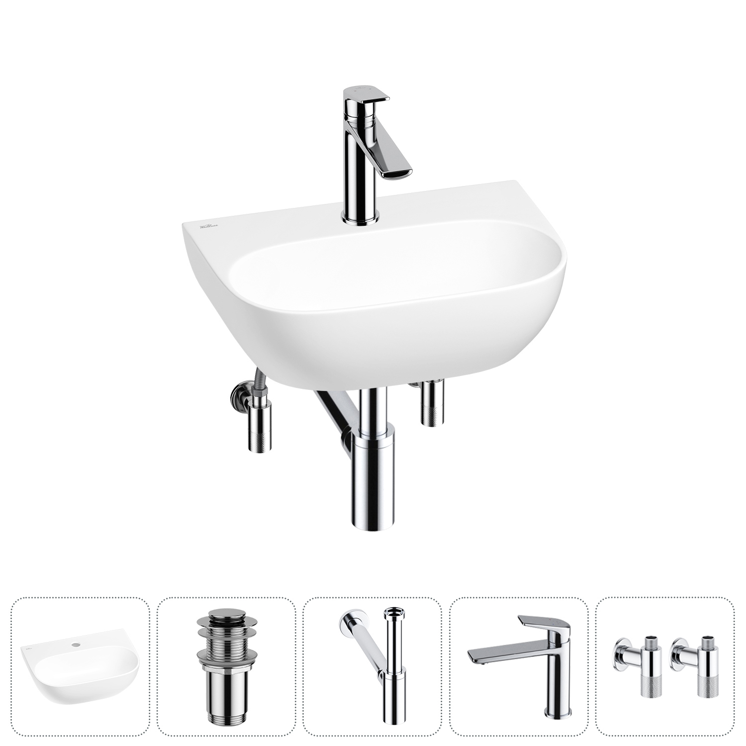 Изображение товара Раковина мини Wellsee WC Area 42см с донным клапаном сифоном смесителем и вентилем