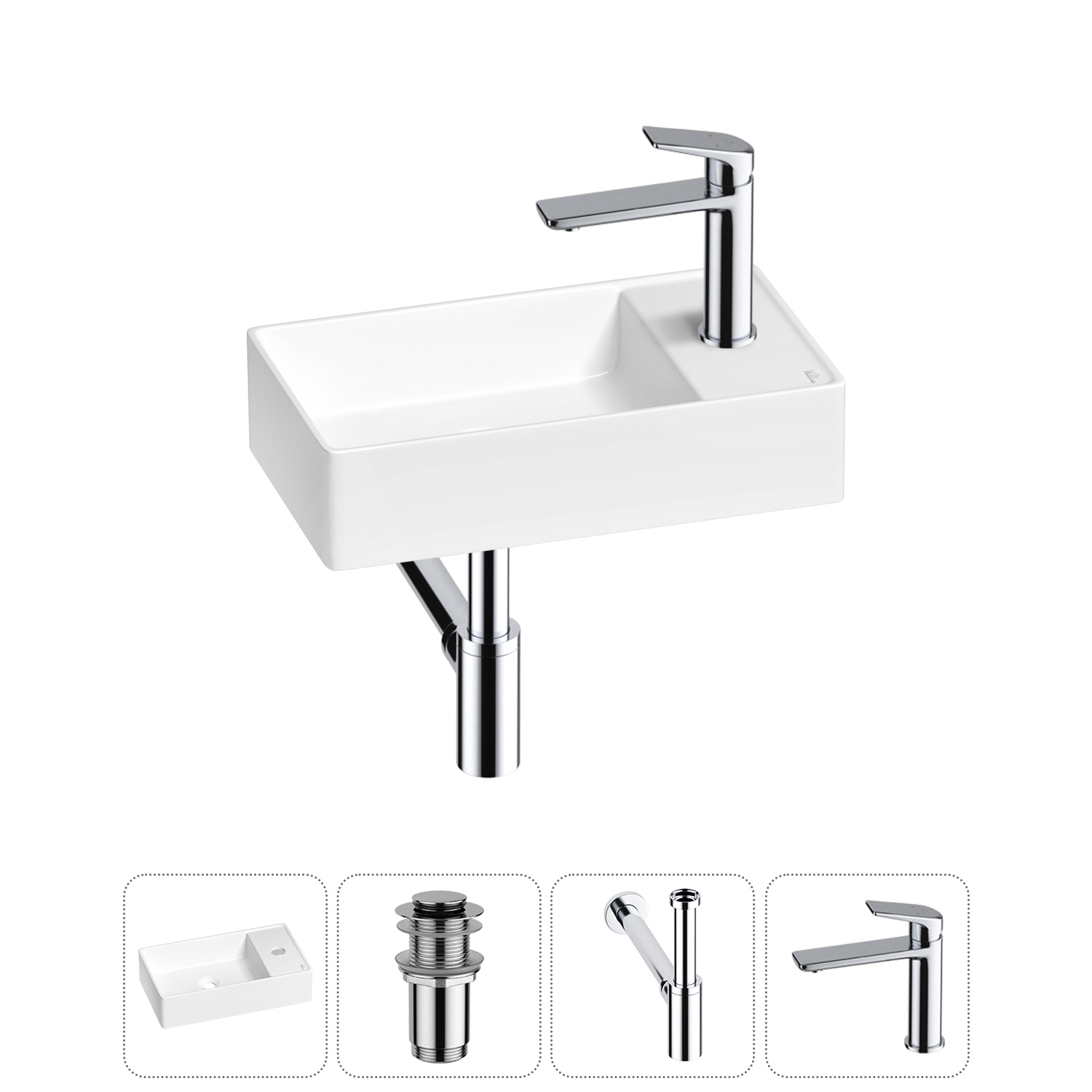 Изображение товара Раковина мини Wellsee WC Area 41см с донным клапаном сифоном и смесителем