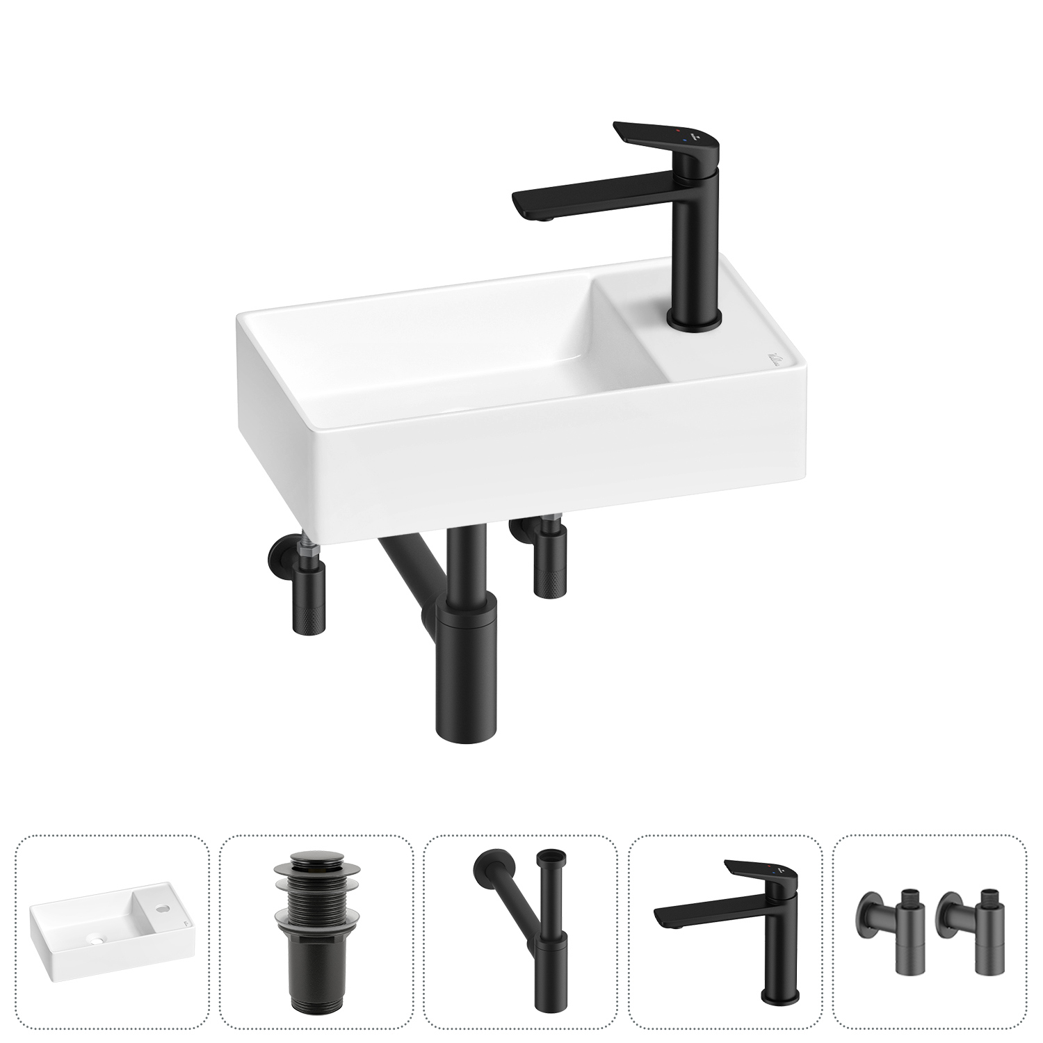 Изображение товара Раковина мини Wellsee WC Area 41см с донный клапаном сифоном смесителем и вентилем 20213623R