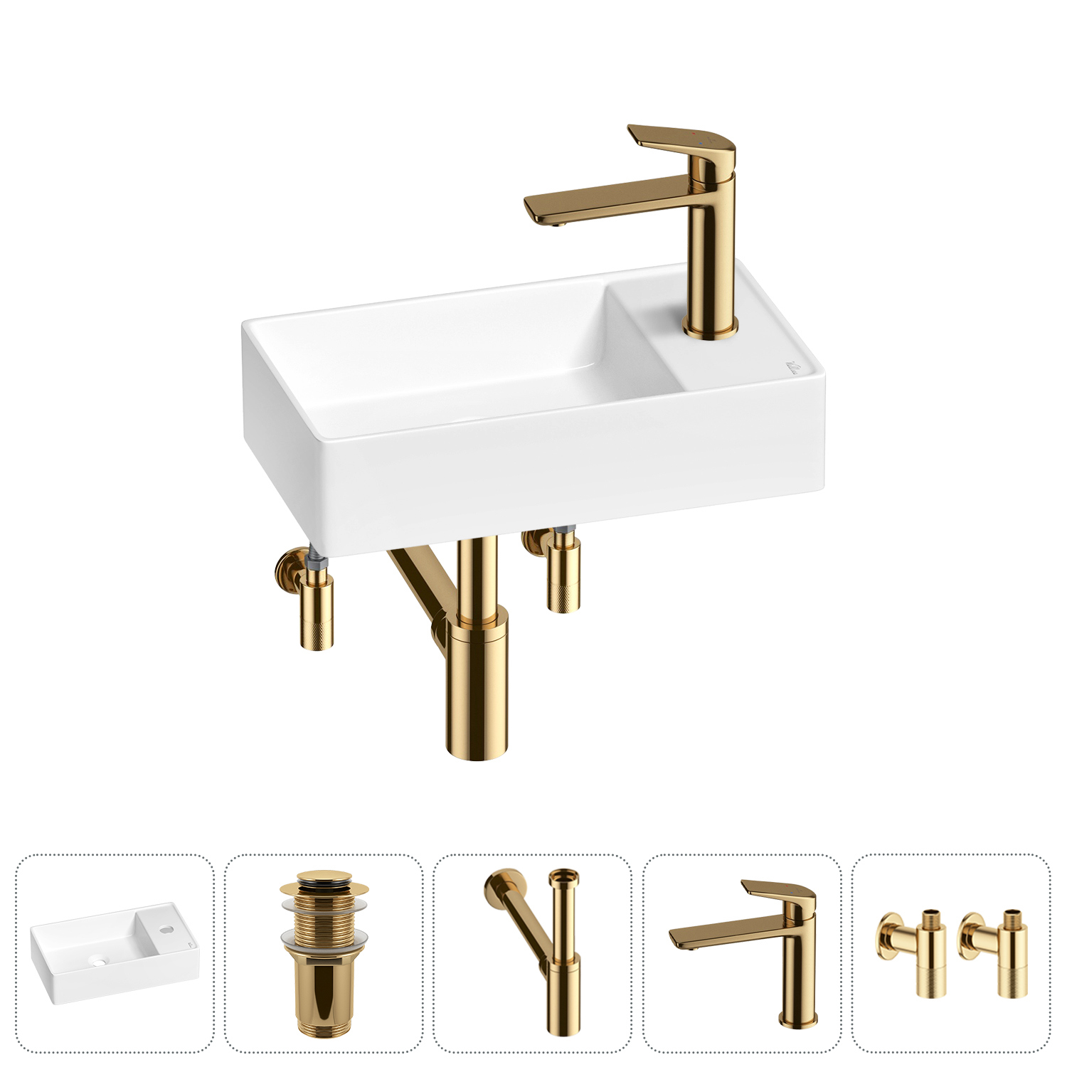 Изображение товара Раковина мини Wellsee WC Area 41см с донным клапаном сифоном и вентилем 20213624R