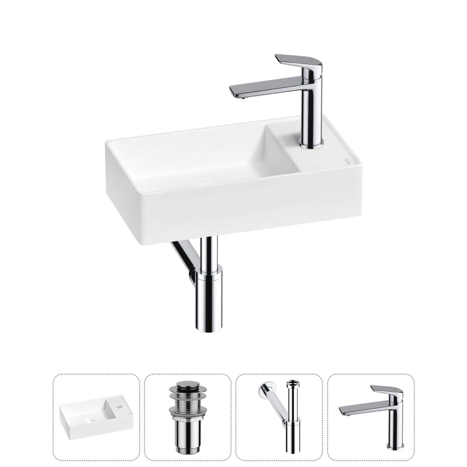 Изображение товара Раковина мини Wellsee WC Area 41 см с донным клапаном сифоном и смесителем