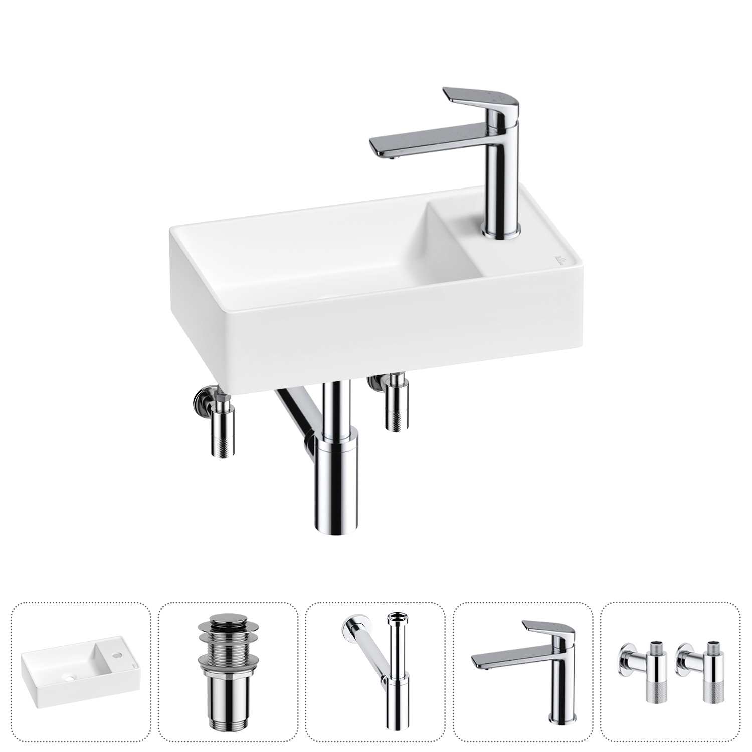 Изображение товара Мини раковина Wellsee WC Area 41 см с донным клапаном сифоном и смесителем для ванной