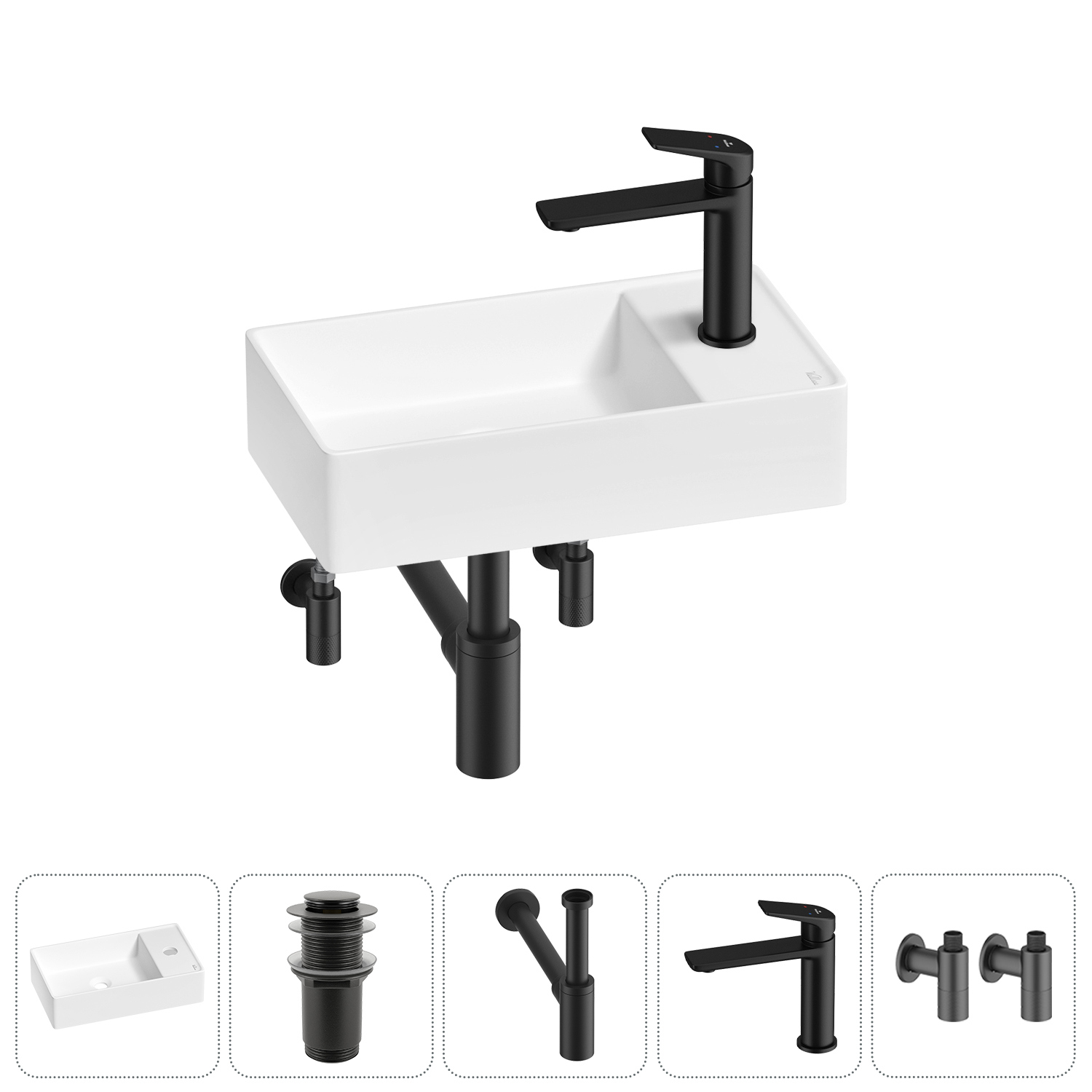 Изображение товара Раковина мини Wellsee WC Area 41 см с донным клапаном сифоном и вентилем