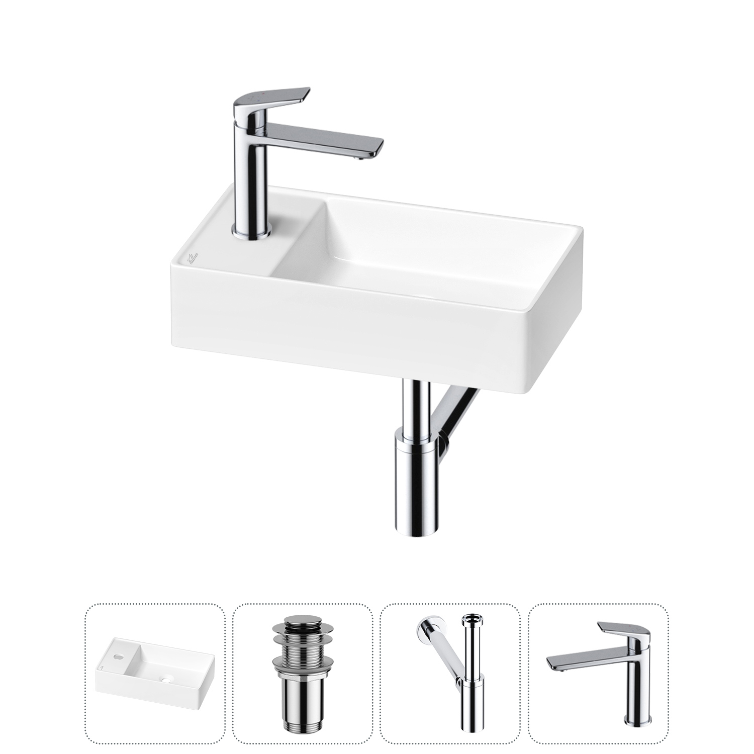 Изображение товара Раковина мини Wellsee WC Area 41 см с донным клапаном сифоном и смесителем
