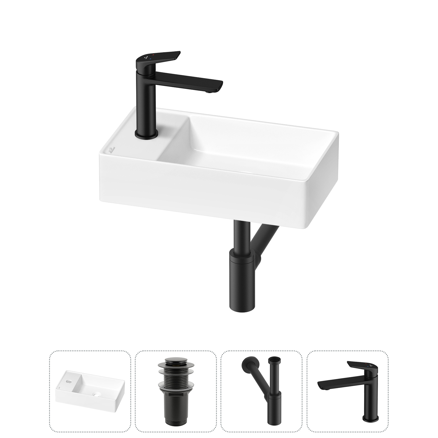 Изображение товара Раковина мини Wellsee WC Area 41 см с донным клапаном сифоном и смесителем