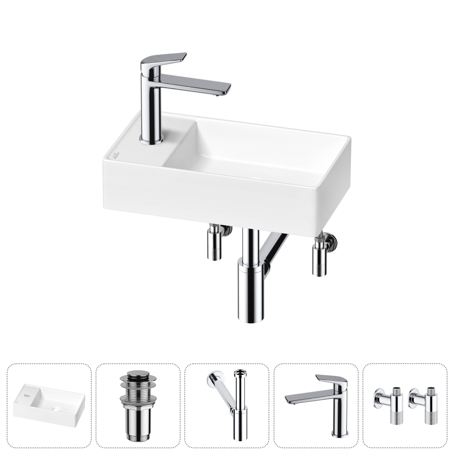 Изображение товара Раковина мини Wellsee WC Area 41 см с донным клапаном сифоном и смесителем