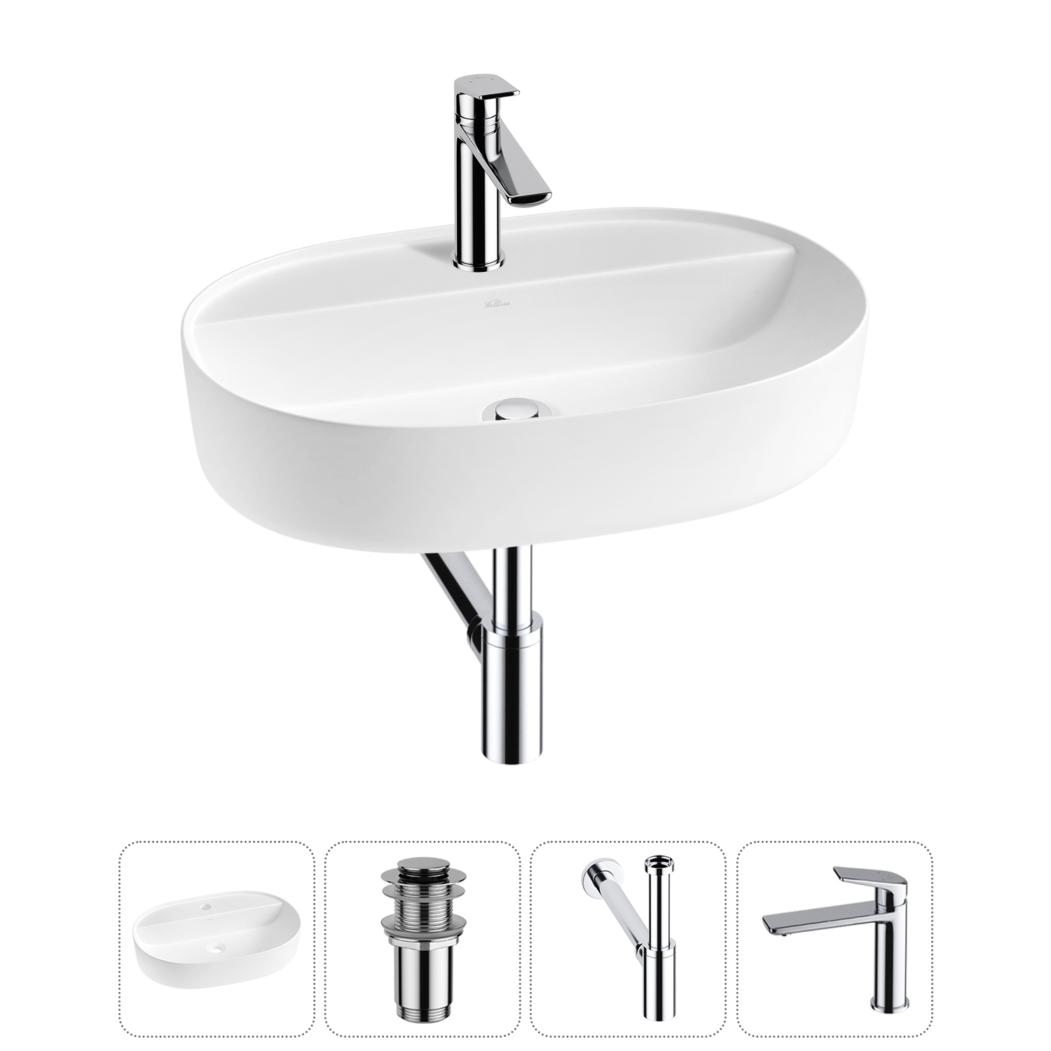 Изображение товара Раковина накладная Wellsee Chic Riviera 60см с донным клапаном сифоном и смесителем