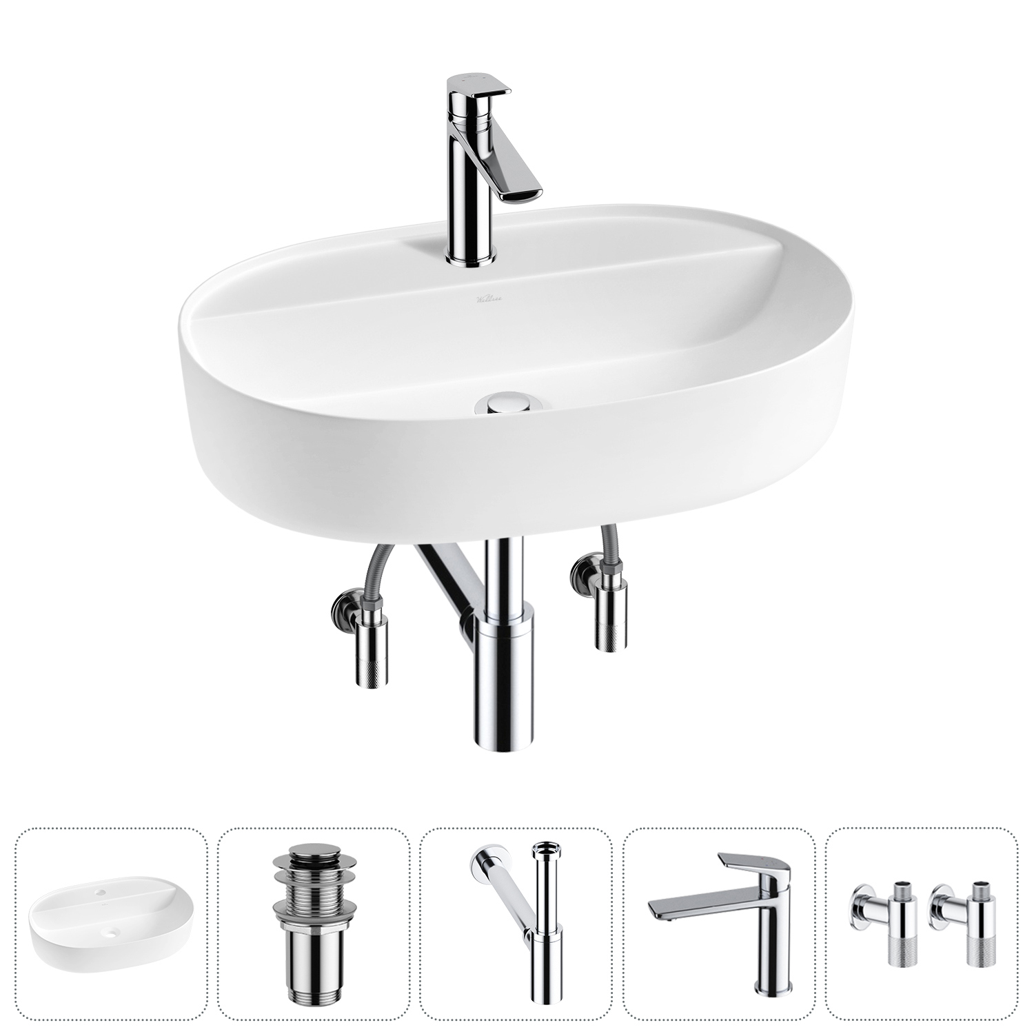 Изображение товара Раковина накладная Wellsee Chic Riviera 60 см с донным клапаном сифоном и смесителем