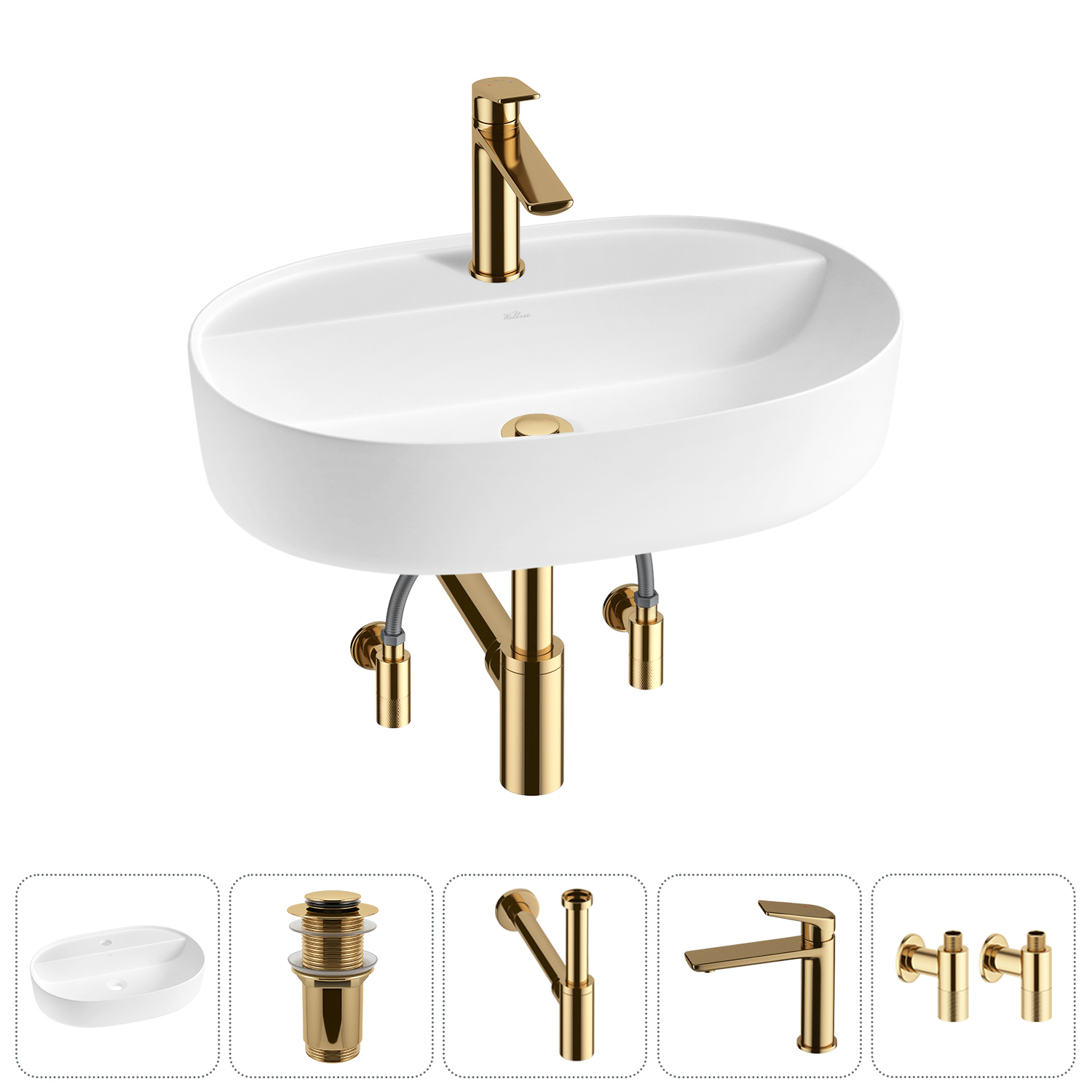 Изображение товара Раковина накладная Wellsee Chic Riviera 60см с донным клапаном сифон и смесителем