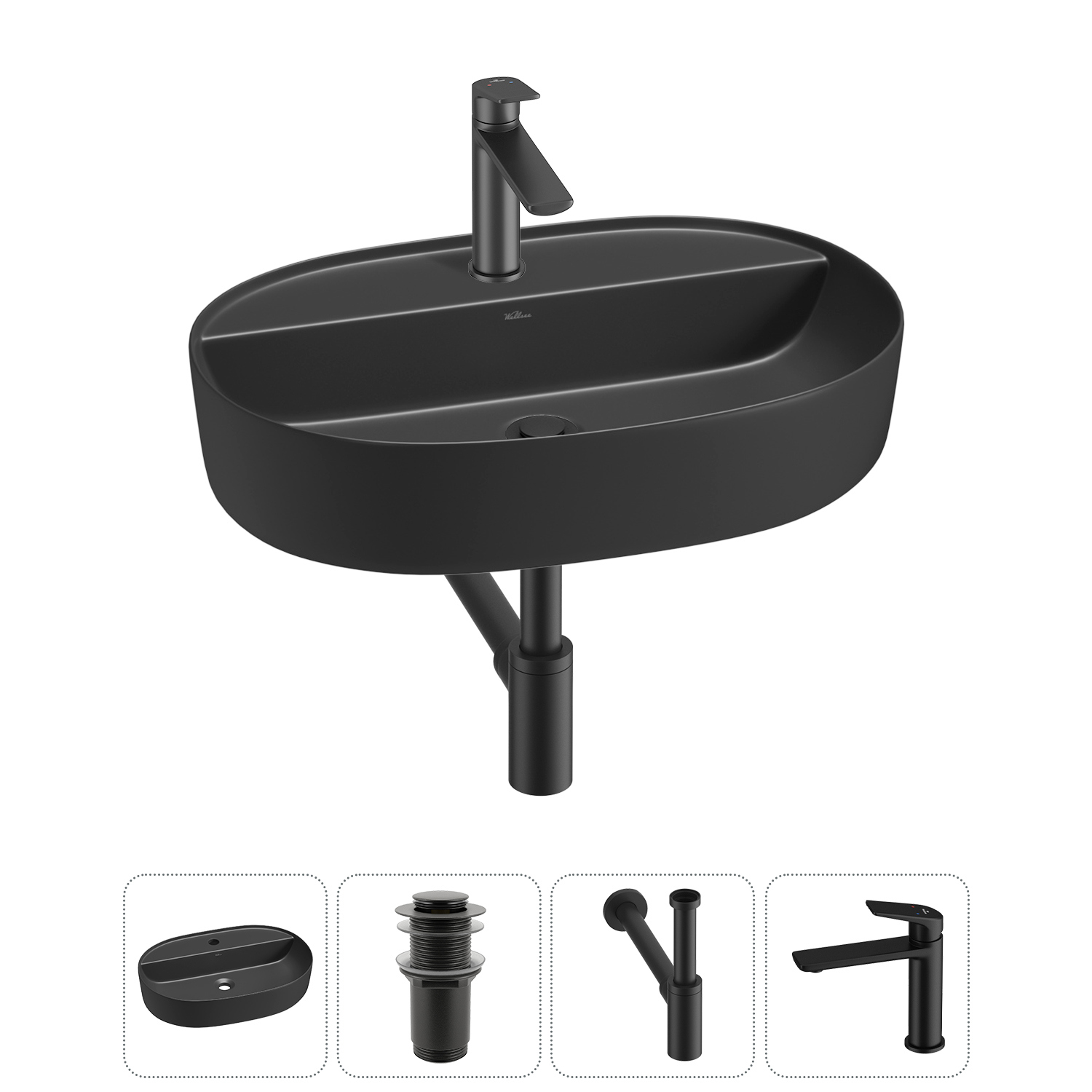 Изображение товара Раковина накладная Wellsee Chic Riviera 60см с донным клапаном сифоном и смесителем