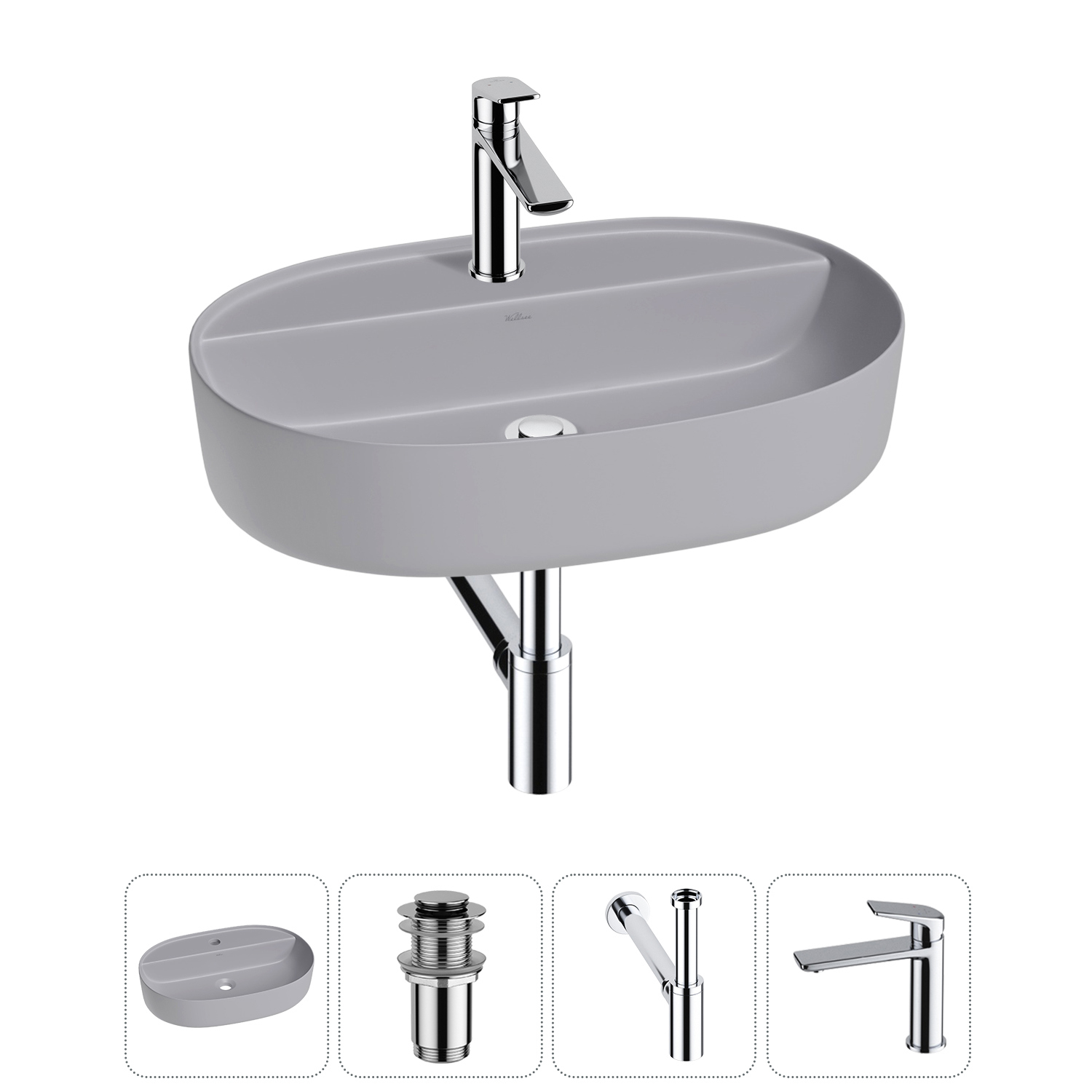 Изображение товара Раковина накладная Wellsee Chic Riviera 50 см из RefCeram с донным клапаном и смесителем