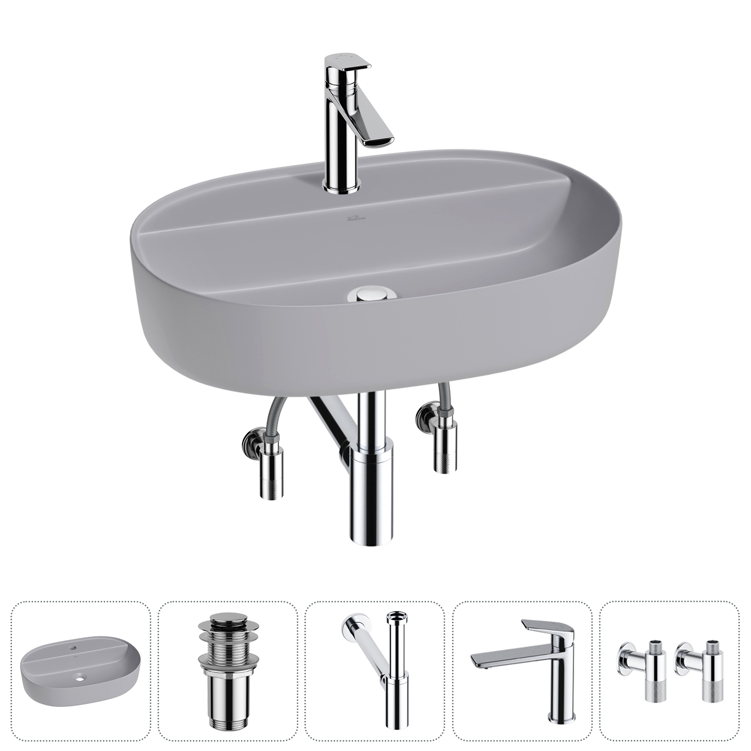 Изображение товара Раковина накладная Wellsee Chic Riviera 50см с донным клапаном сифоном и смесителем