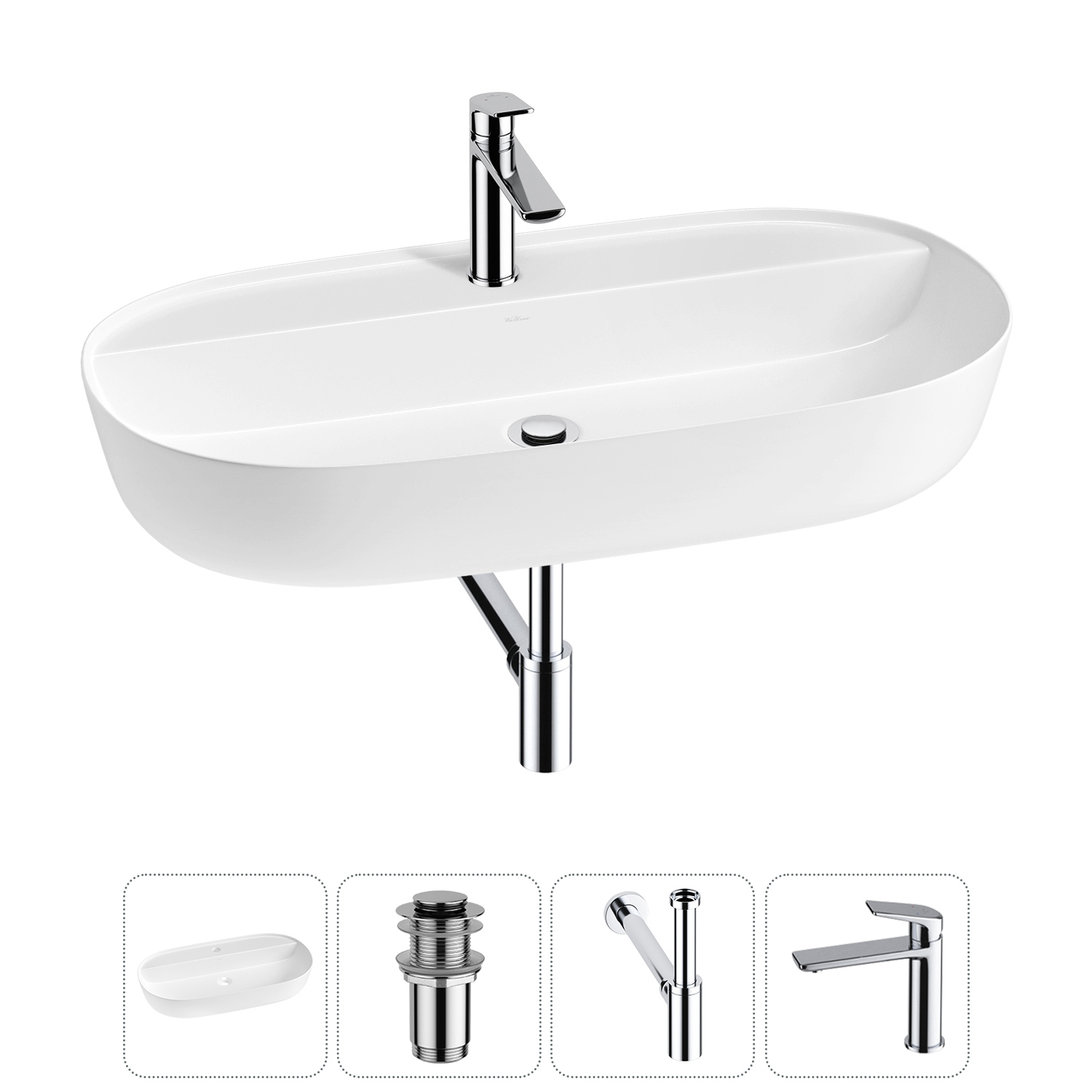 Изображение товара Раковина накладная Wellsee Chic Riviera 80см с донным клапаном сифоном и смесителем