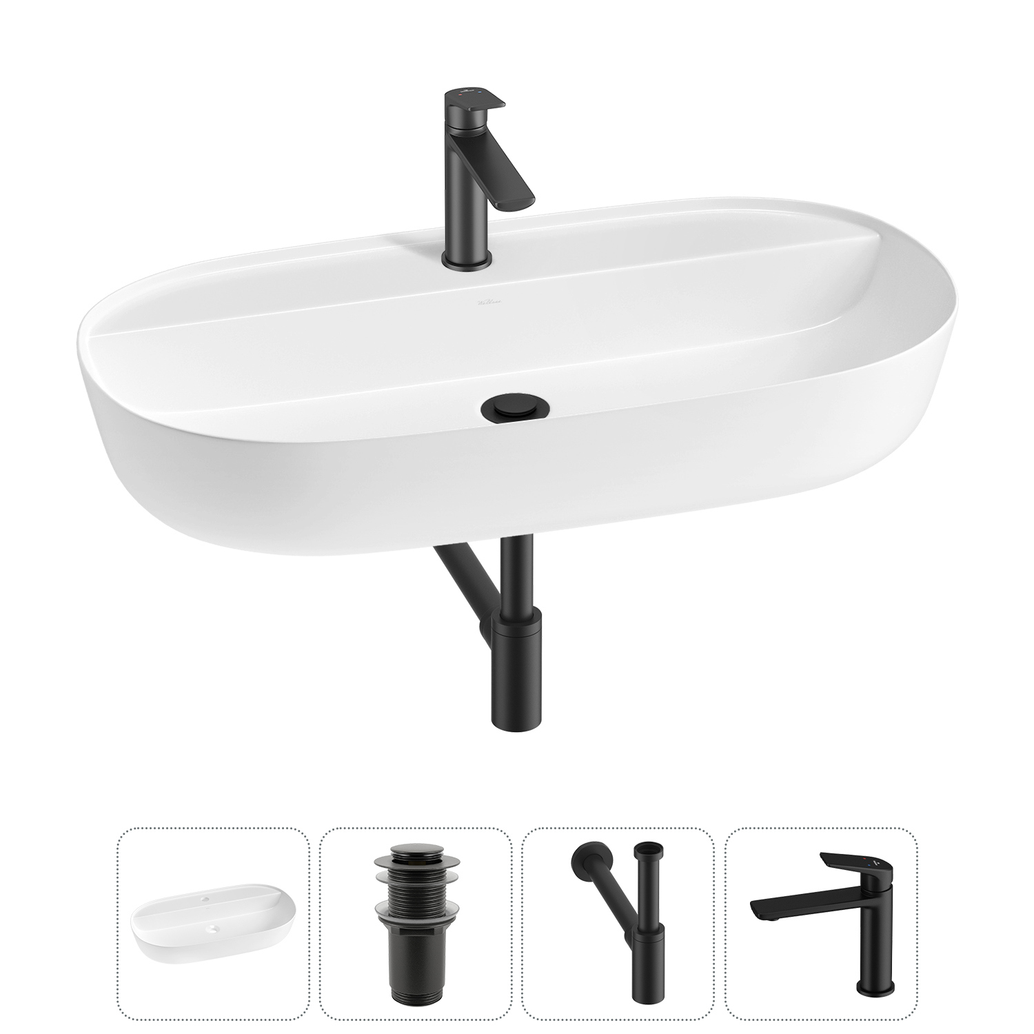 Изображение товара Раковина накладная Wellsee Chic Riviera 80см с донным клапаном сифон и смесителем