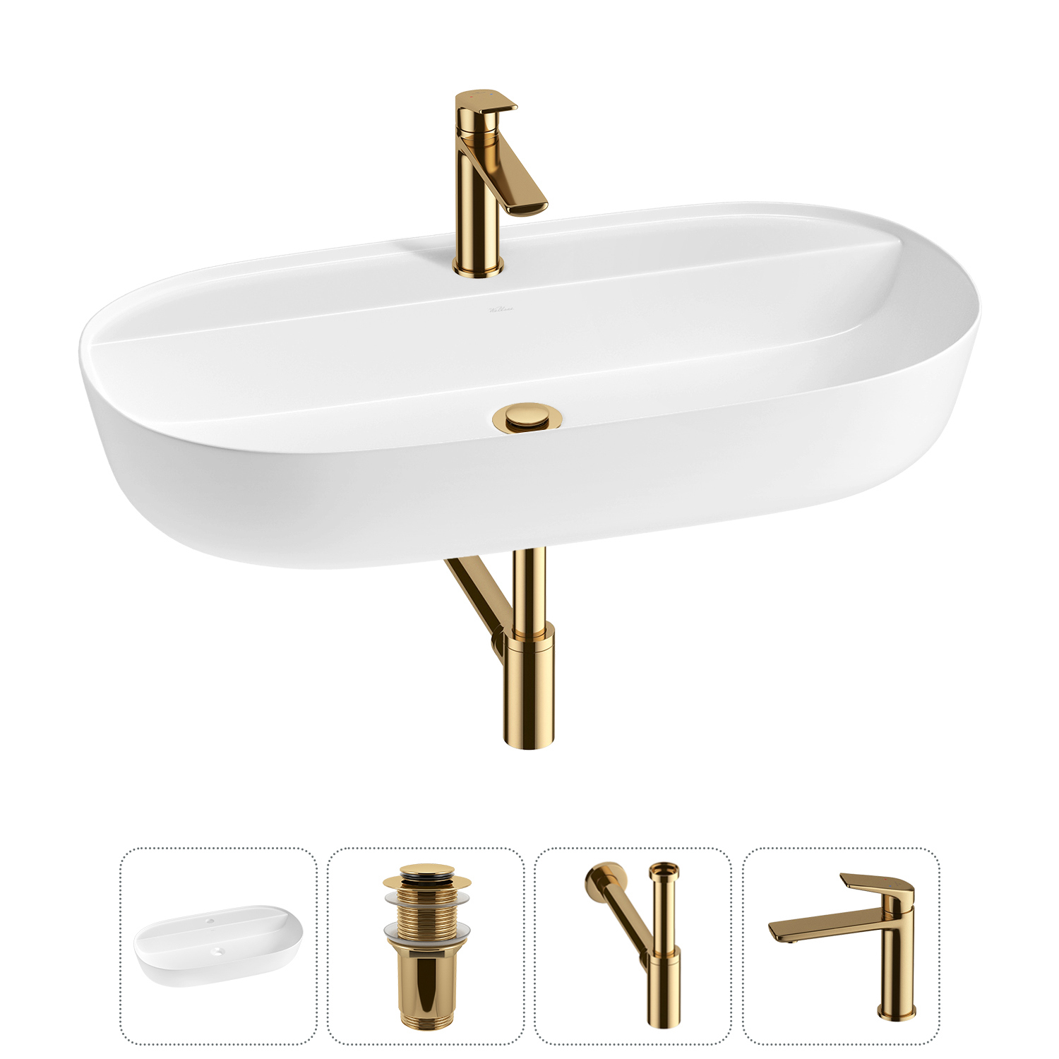 Изображение товара Раковина накладная Wellsee Chic Riviera 80см с донным клапаном сифон и смесителем