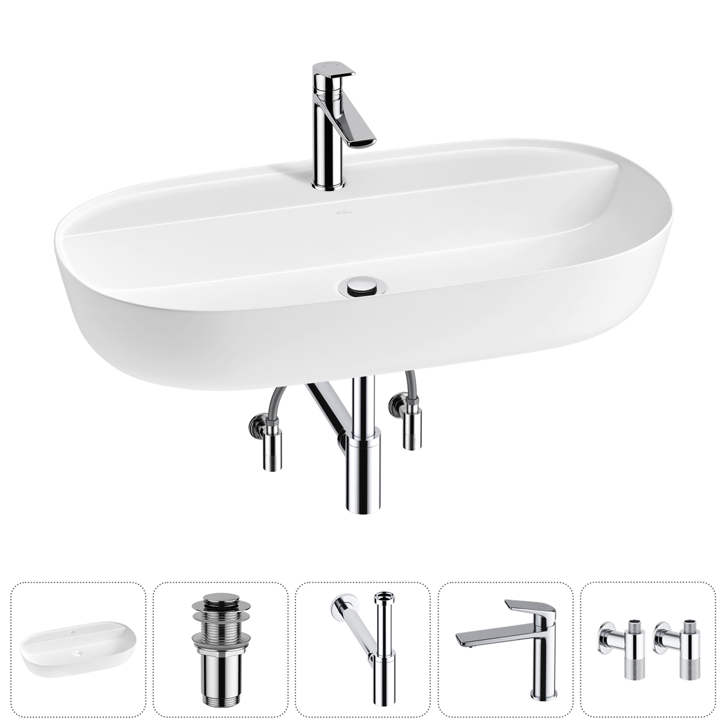 Изображение товара Раковина накладная Wellsee Chic Riviera 80 см с донным клапаном сифоном и смесителем