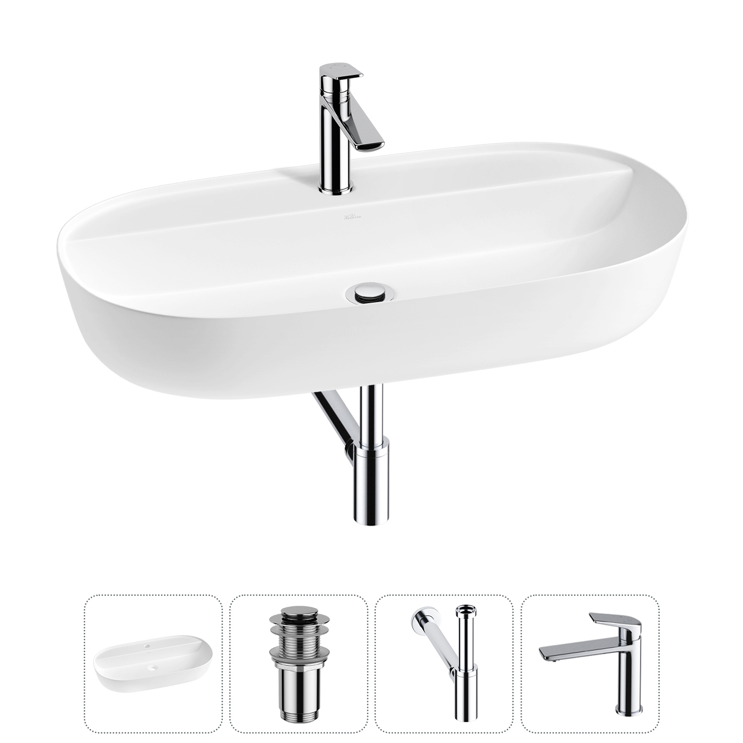 Изображение товара Раковина накладная Wellsee Chic Riviera 80см с донным клапаном сифон и смесителем