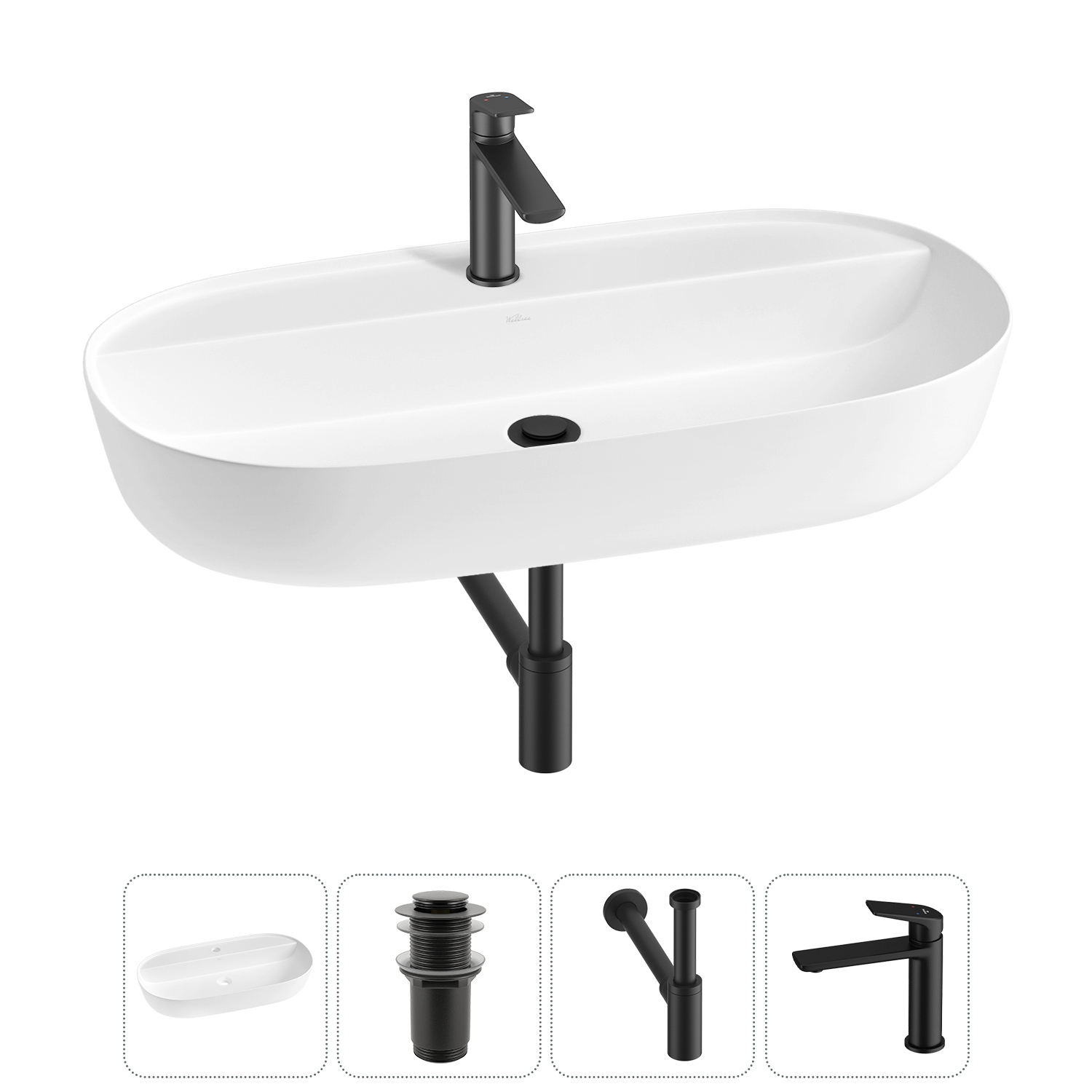 Изображение товара Раковина накладная Wellsee Chic Riviera 80см с донным клапаном сифоном и смесителем