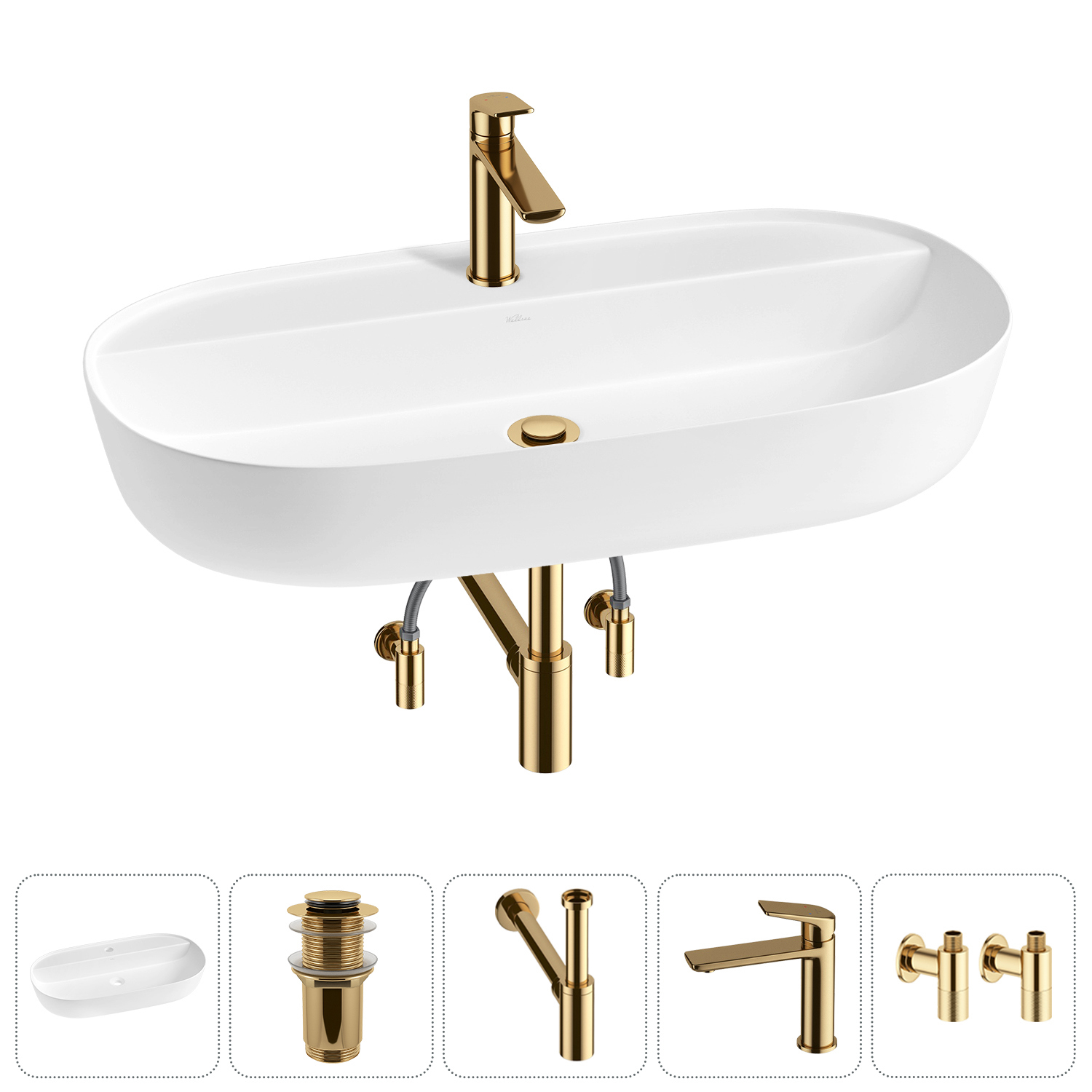 Изображение товара Раковина накладная Wellsee Chic Riviera 80см с донный клапаном сифоном смесителем и вентилем 20214941R
