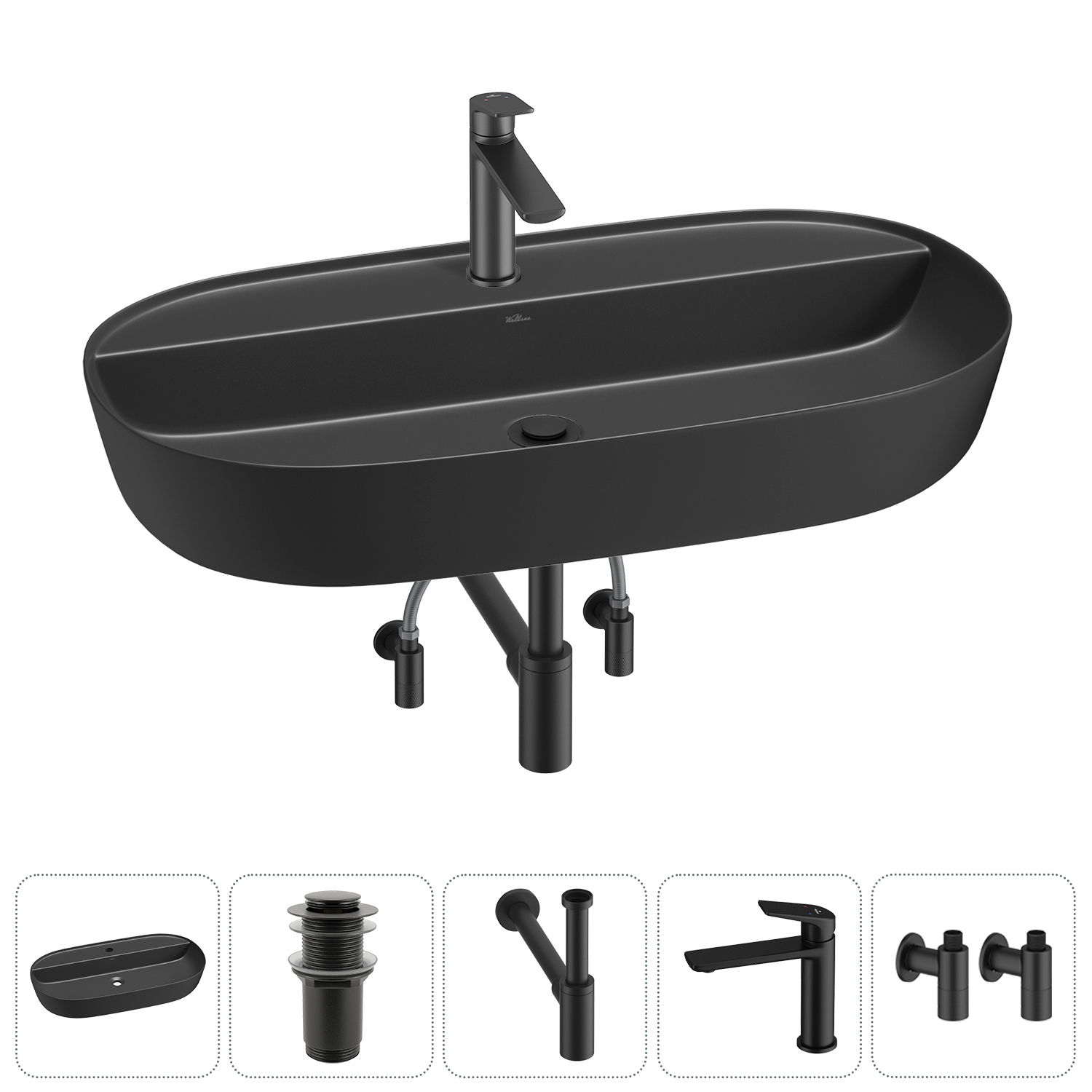 Изображение товара Раковина накладная Wellsee Chic Riviera 80см с донным клапаном и сифоном черная