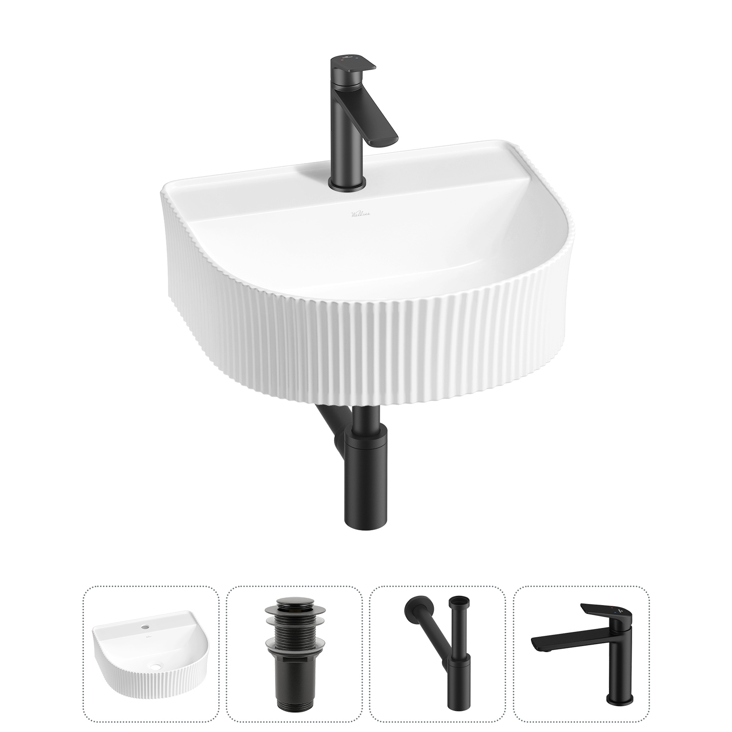 Изображение товара Раковина Wellsee festive fox 45 см 4 в 1 с сифоном и смесителем белая