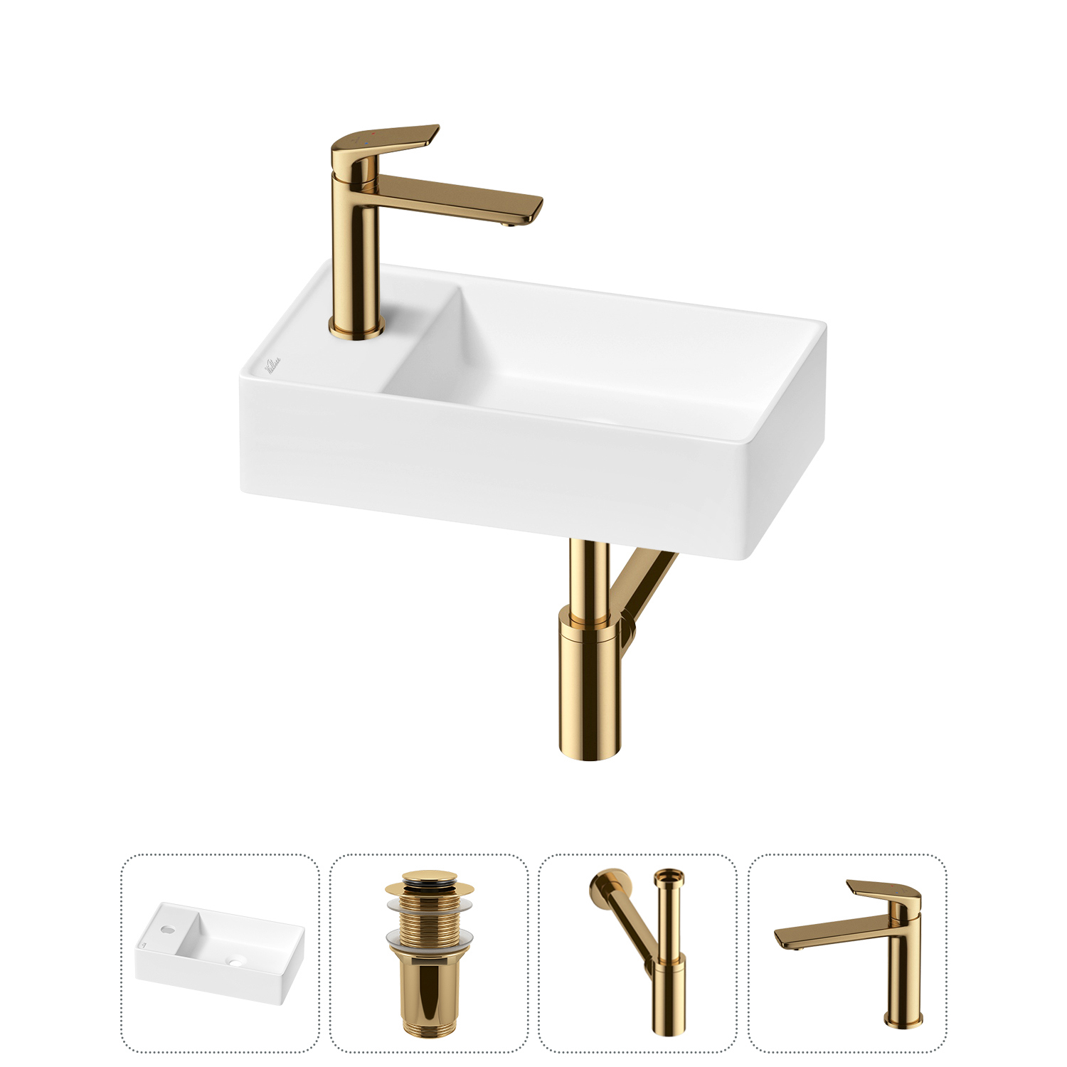 Изображение товара Мини раковина Wellsee WC Area 41 см с донным клапаном и смесителем золото