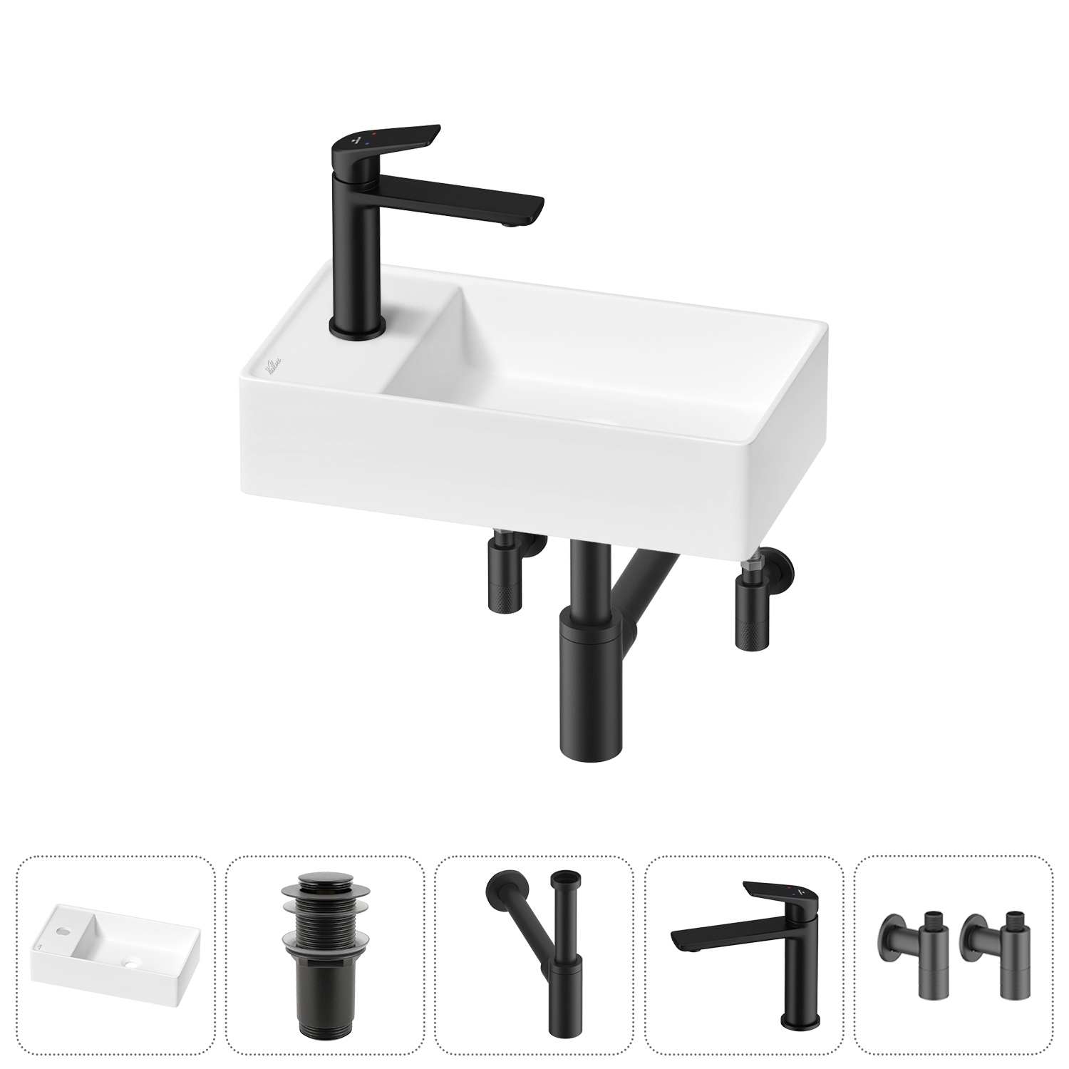 Изображение товара Раковина мини Wellsee WC Area 41 см с донным клапаном сифоном смесителем и вентилем