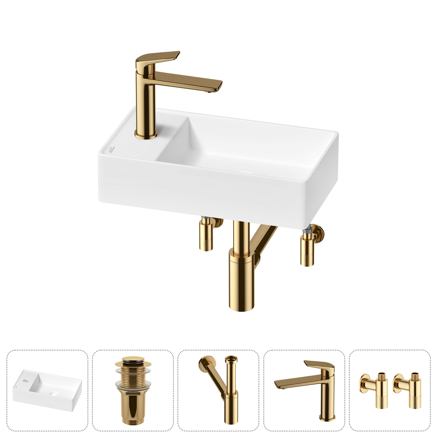 Изображение товара Раковина мини Wellsee WC Area 41см с донным клапаном и смесителем Золото