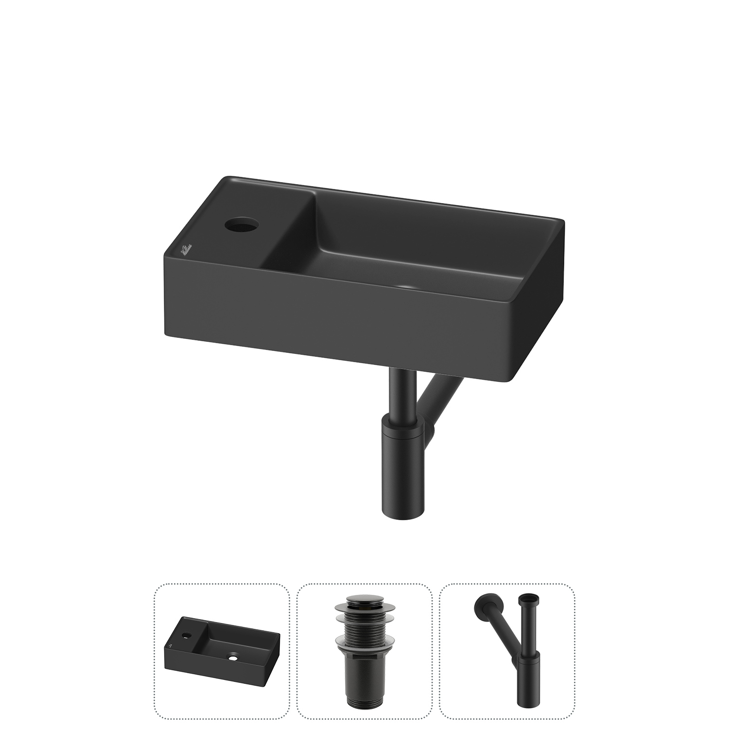 Изображение товара Раковина мини Wellsee WC Area 41см с донным клапаном и сифоном черный матовый Изображение товара Раковина мини Wellsee WC Area 41см с донным клапаном и сифоном черный матовый