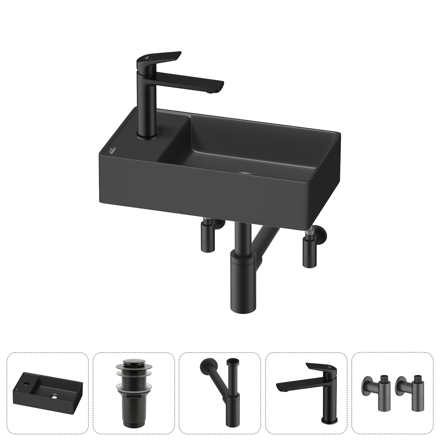 Изображение товара Раковина мини Wellsee WC Area 41см с донный клапаном сифоном смесителем и вентилем 20213836R