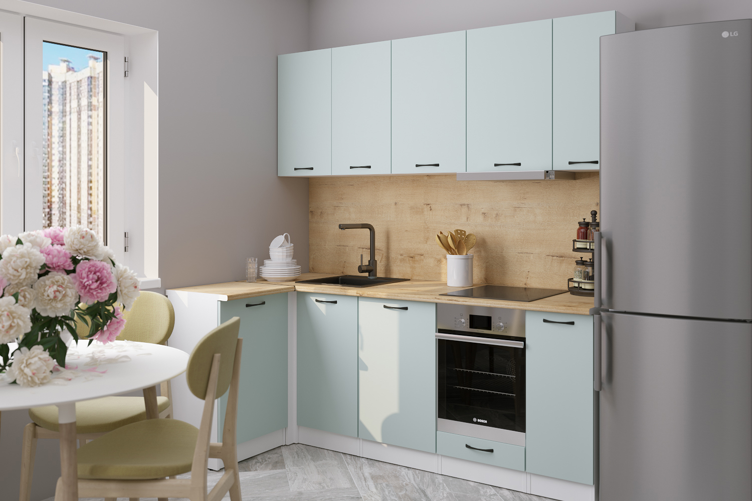 Изображение товара Кухонный гарнитур Лиора Прайм 200x217 см серовато-голубой ЛДСП Россия