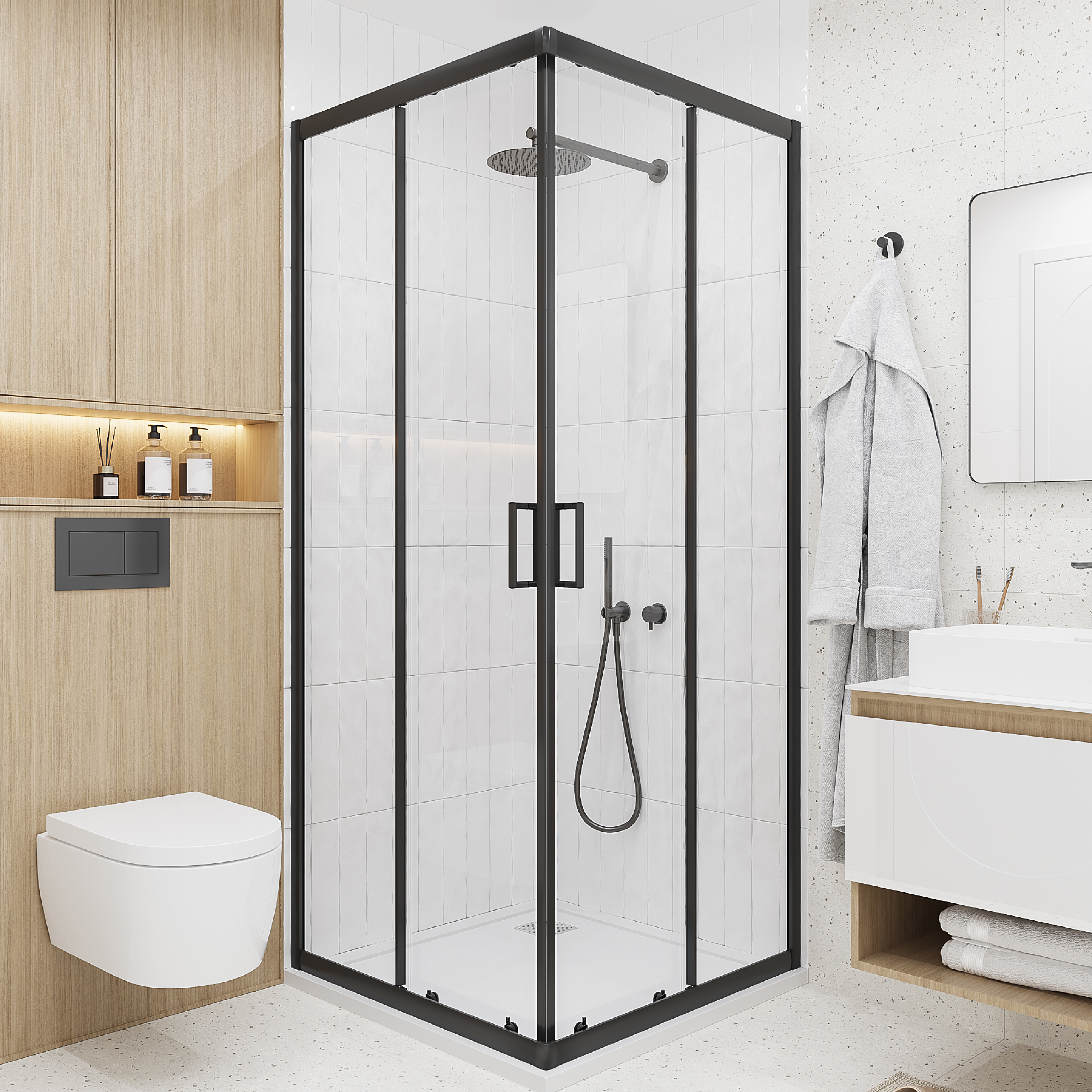 Изображение товара Душевой уголок Ulitka Joy 74104587 прямоугольник 100x100см черный профиль эффект стекла прозрачное закаленное стекло