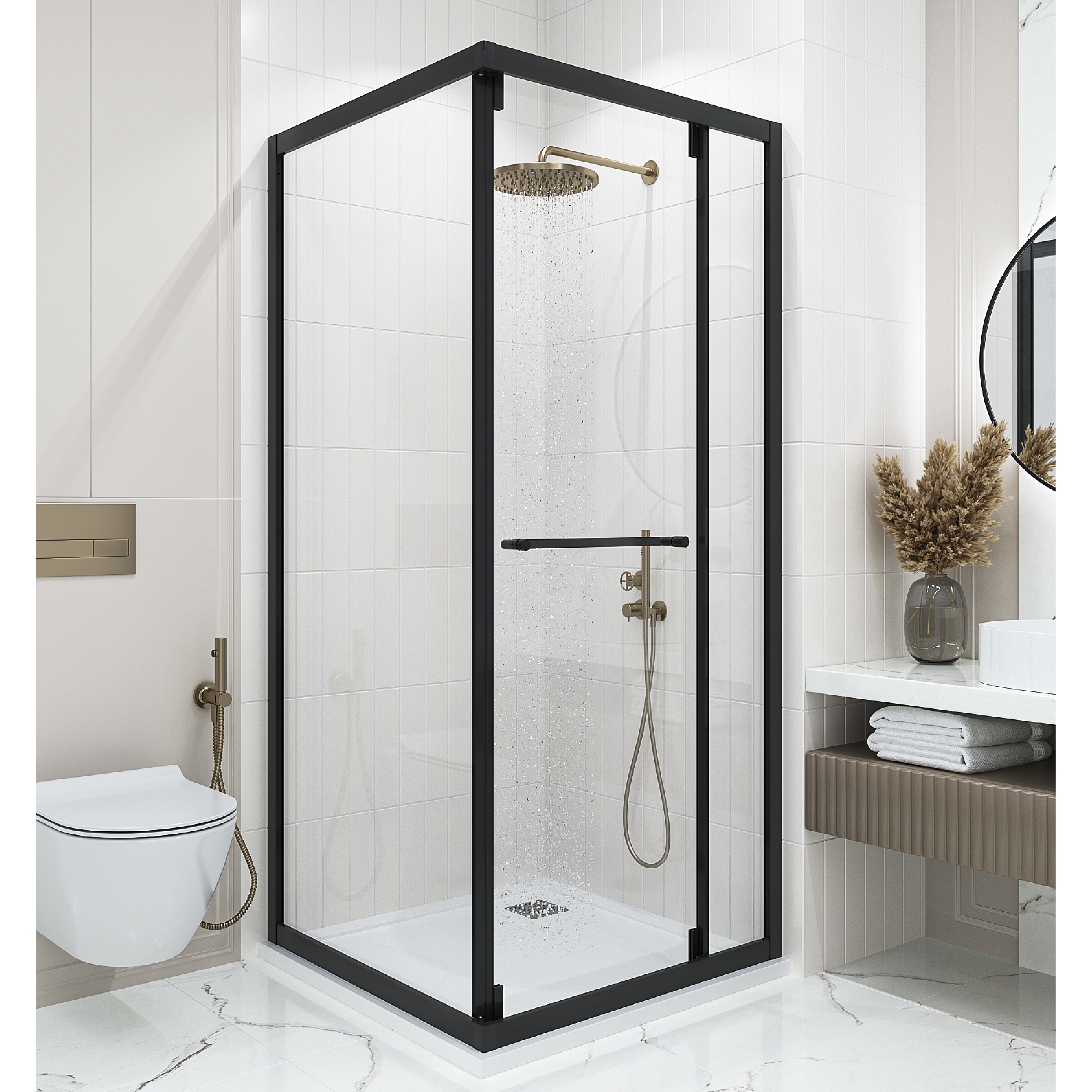 Изображение товара Душевой уголок Ulitka Joy 74104594 прямоугольник 90x90см черный профиль эффект стекла прозрачное закаленное стекло