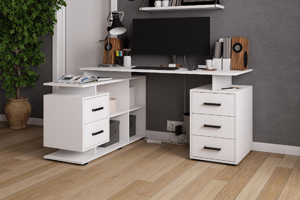 Изображение товара Модульный компьютерный стол MICON СКМУ-3 белый 150x75x110 см с ящиками и полками