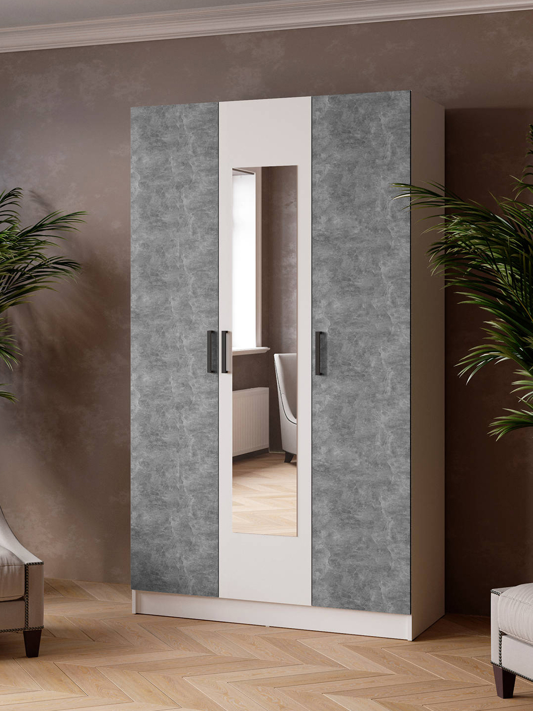 Изображение товара Шкаф распашной Micon Ларс 3 двери серый с тиснением белый 120x210 см