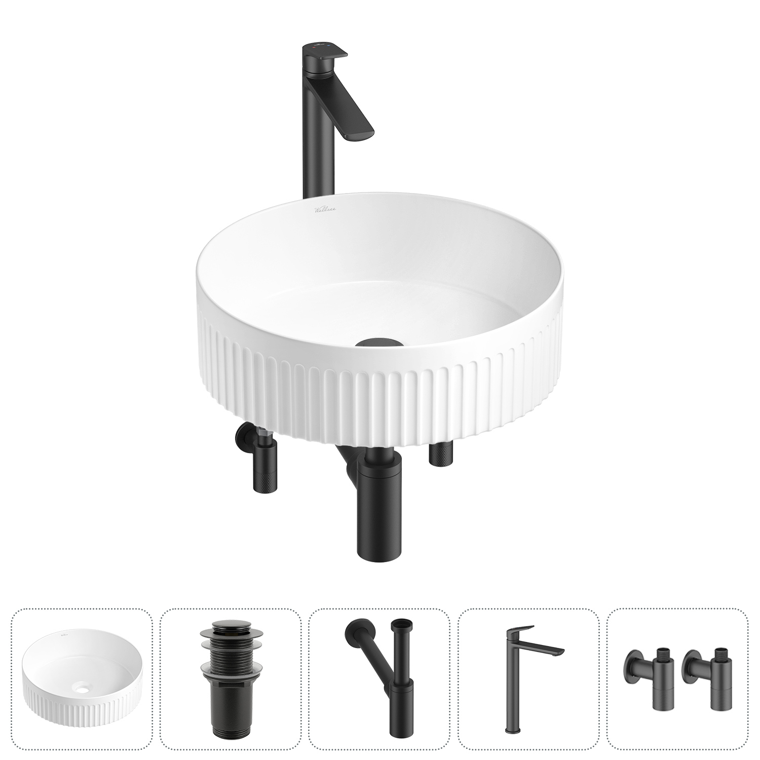 Изображение товара Раковина Wellsee Festive Fox 2.0 40см комплект с сифоном смесителем и вентилями