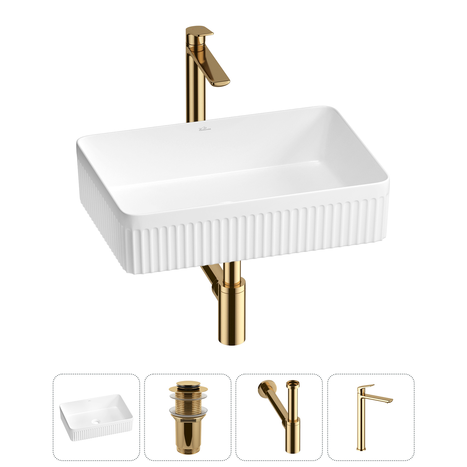 Изображение товара Раковина Wellsee Festive Fox 2.0 50 см в комплекте с сифоном и смесителем золото