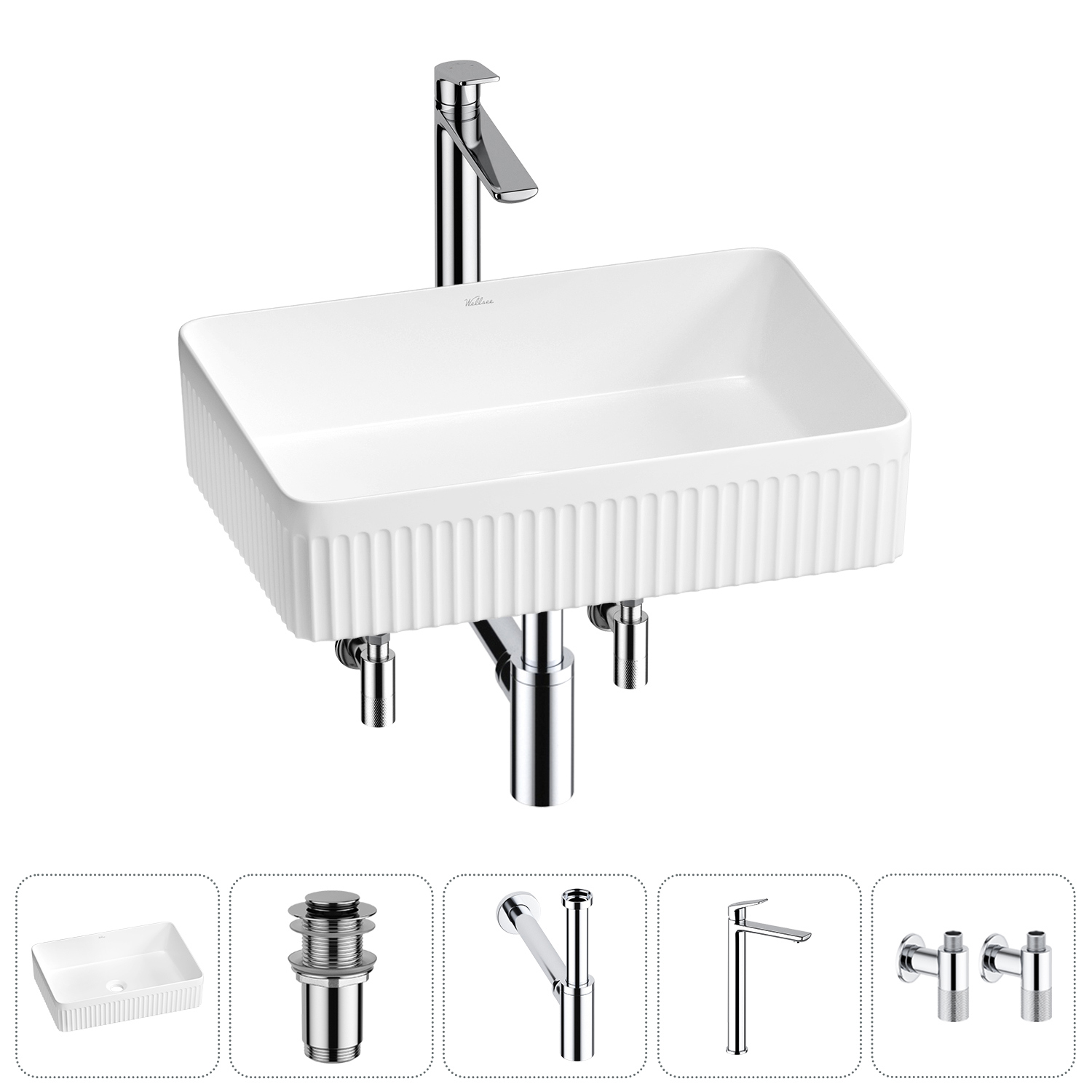 Изображение товара Раковина Wellsee Festive Fox 2.0 50 см 5 в 1 с сифоном, смесителем и вентилями