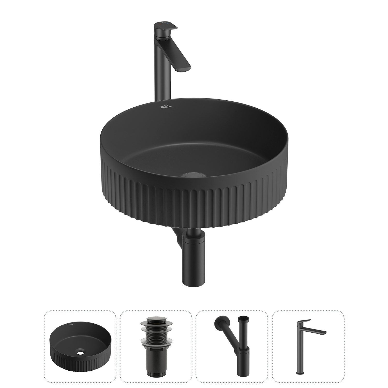 Изображение товара Раковина Wellsee festive fox 2.0 40 см 4 в 1 черная матовая с сифоном и смесителем