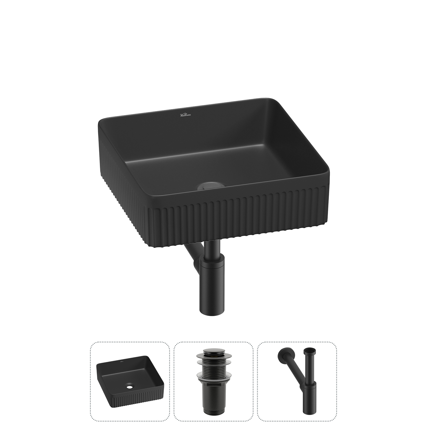 Изображение товара Раковина Wellsee festive fox 2.0 36см черная матовая 3 в 1 с сифоном и клапаном