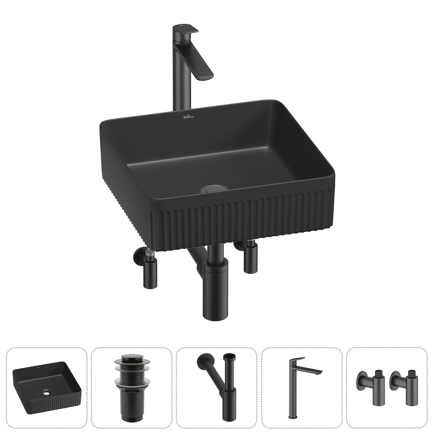 Изображение товара Раковина Wellsee Festive Fox 2.0 36 см матовая черная комплект с сифоном и смесителем