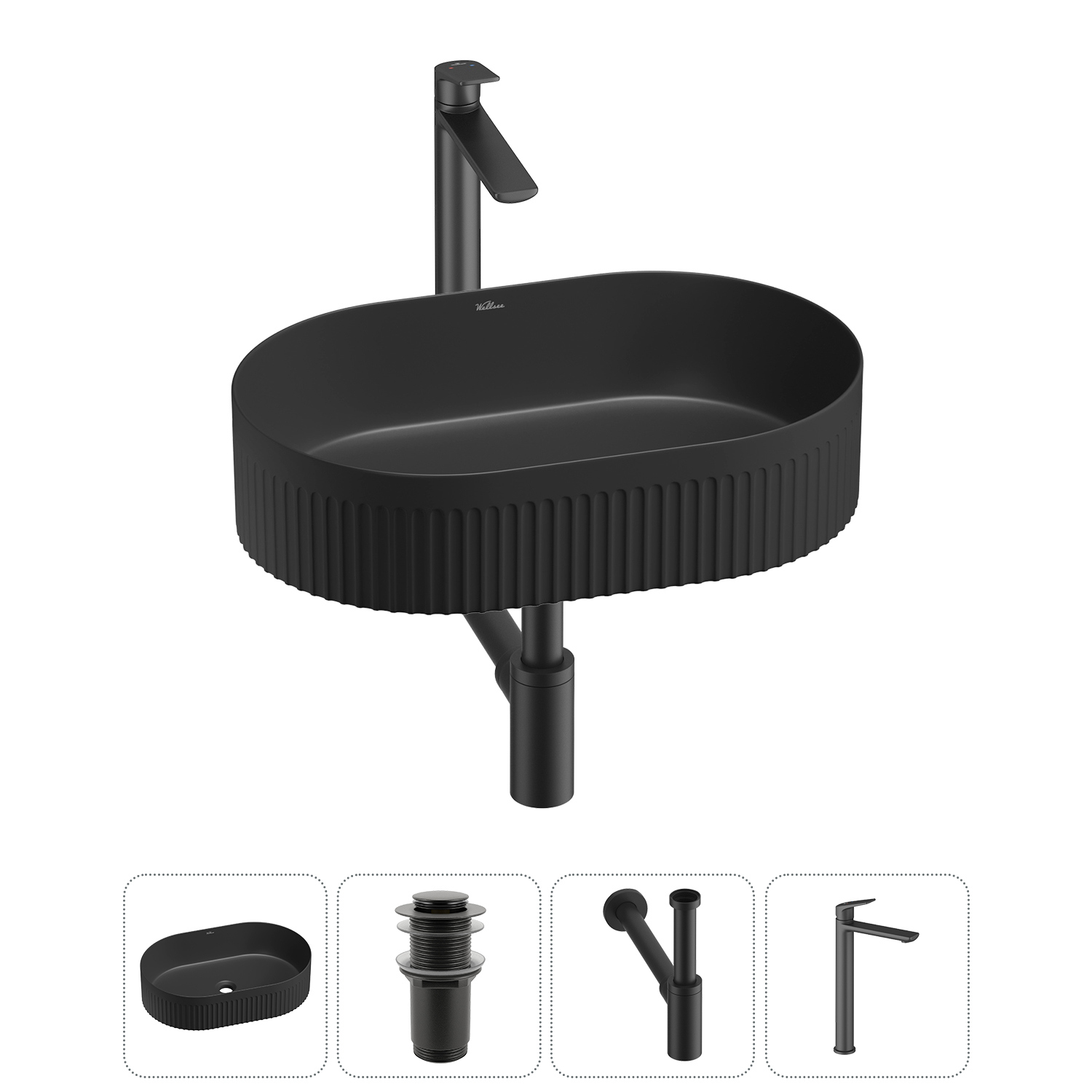 Изображение товара Раковина Wellsee Festive Fox 2.0 50 см матовая черная комплект