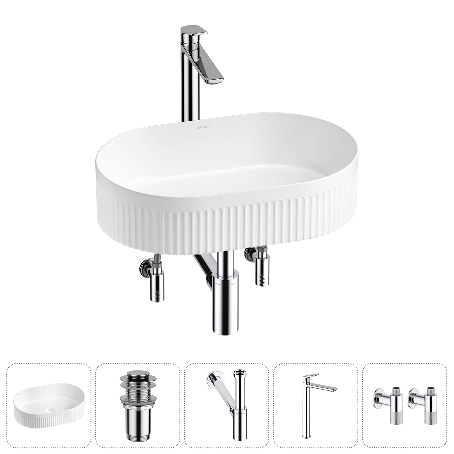 Изображение товара Раковина Wellsee Festive Fox 2.0 50 см 5 в 1 с сифон и смесителем белая