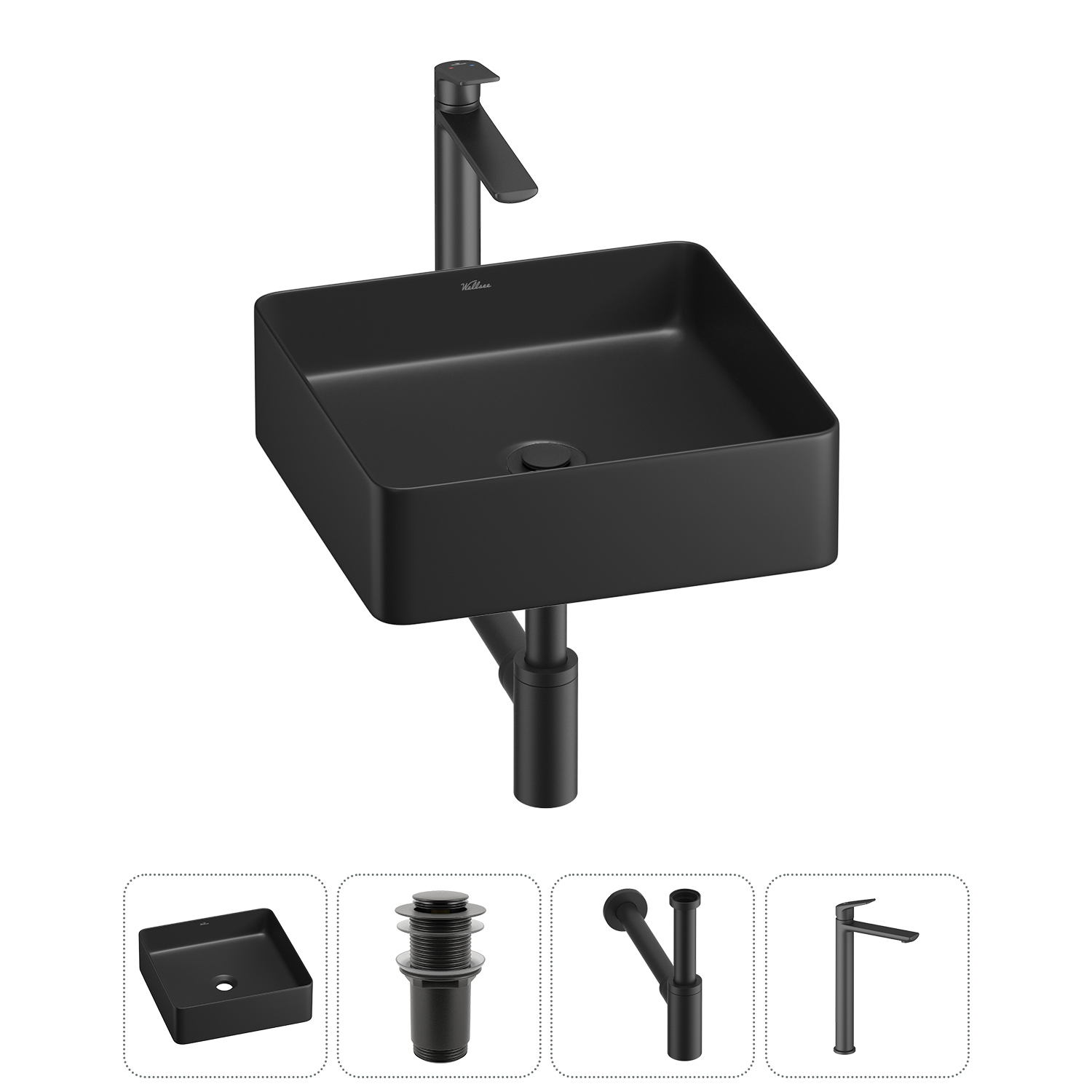 Изображение товара Раковина Wellsee Freedom 2.0 36 см черная комплектация 4 в 1