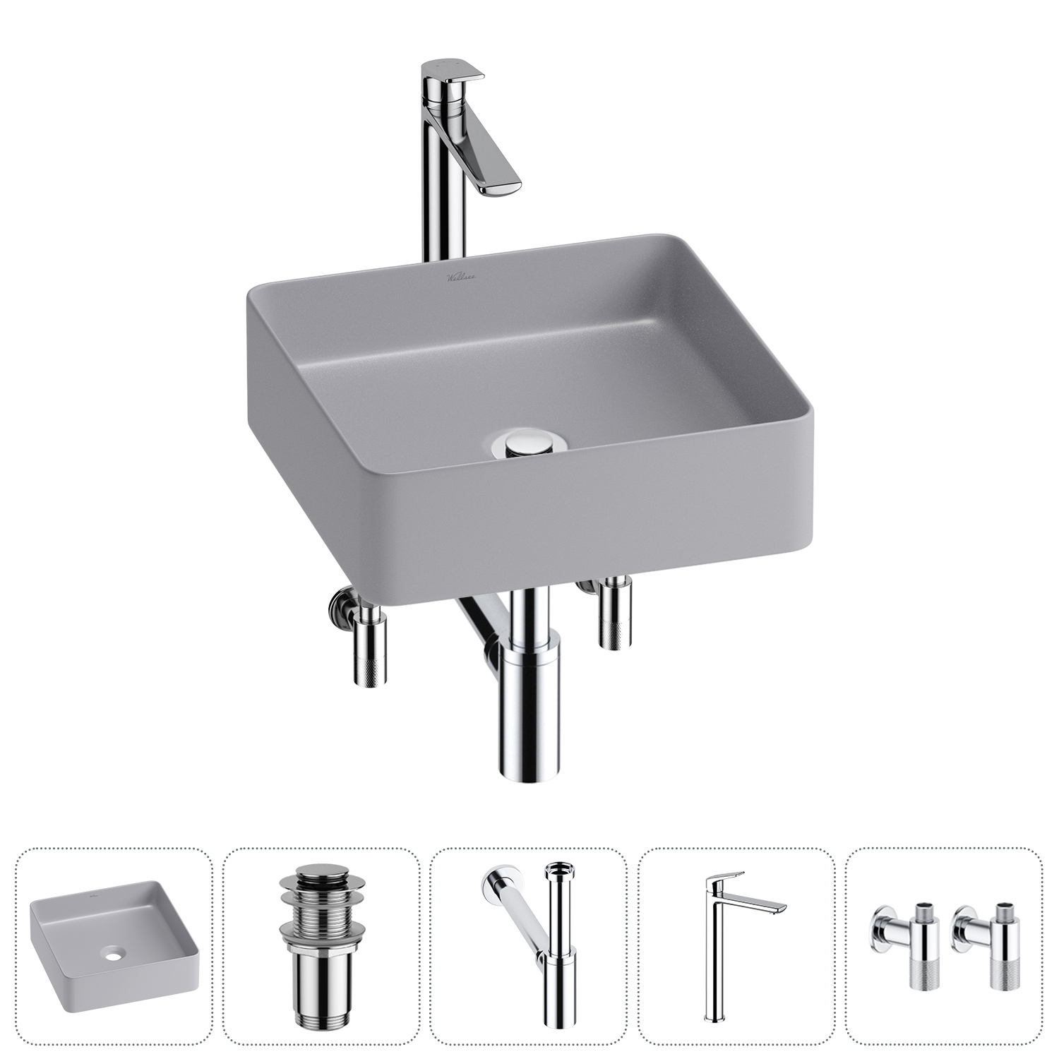 Изображение товара Раковина Wellsee FreeDom 2.0 36 см матовая серого цвета комплектация 5 в 1