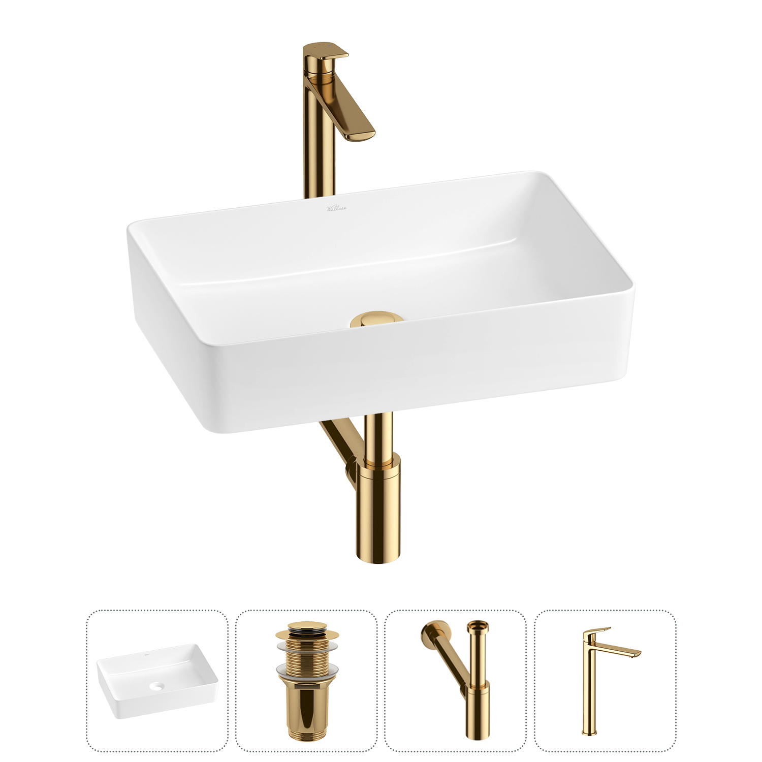 Изображение товара Раковина Wellsee Freedom 2.0 50 см комплект с сифоном и смесителем золотой финиш