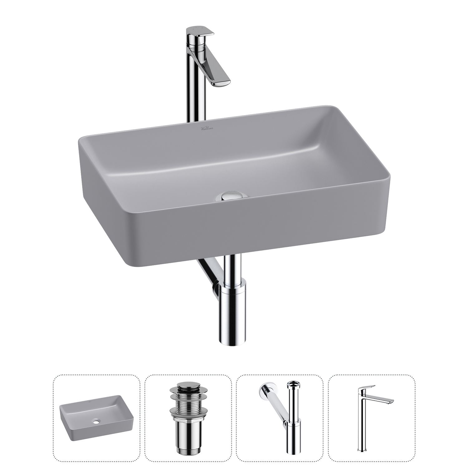 Изображение товара Раковина Wellsee freedom 2.0 20214485R 50см с сифоном и смесителем, серый матовый