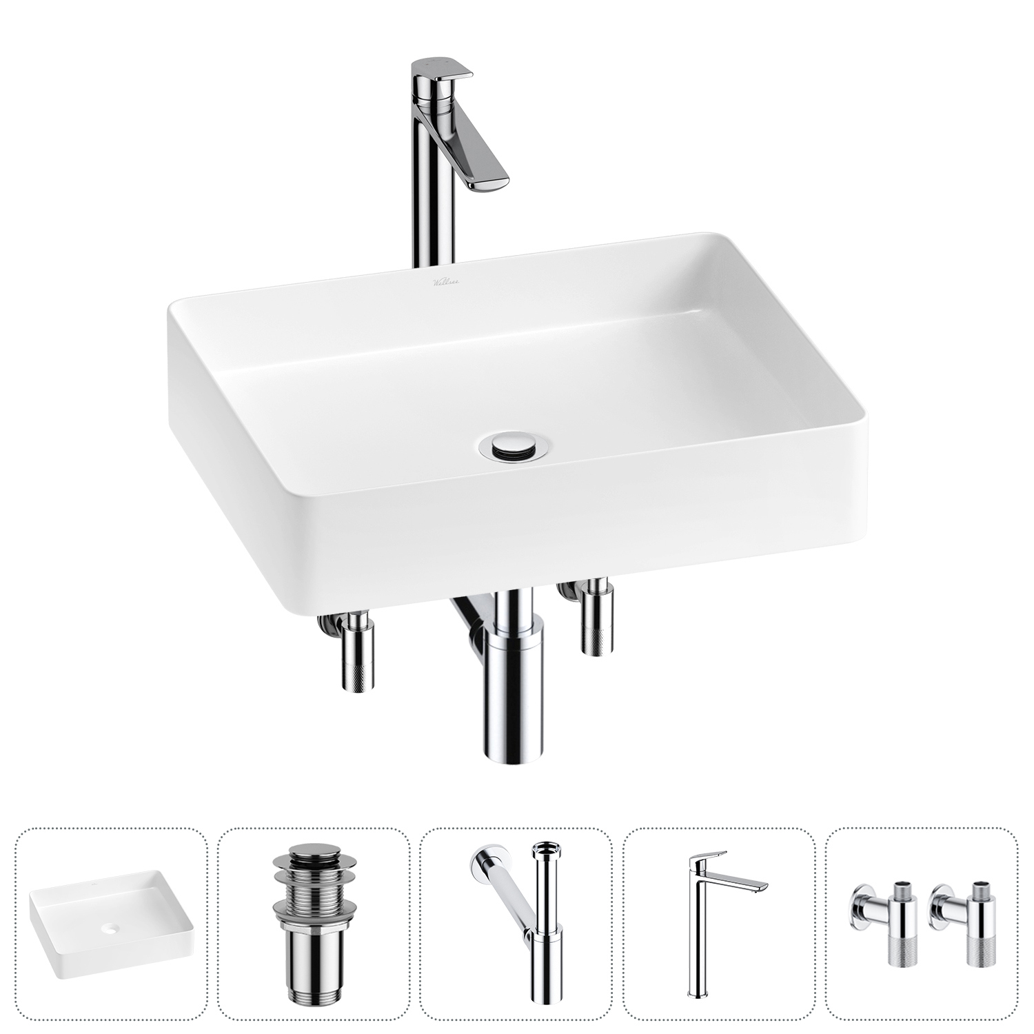 Изображение товара Раковина Wellsee freedom 2.0 51см 5 в 1 с сифон и смесителем пластиковая керамика